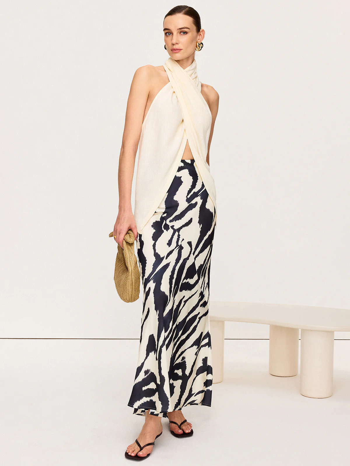 Cross-Halter Neck Wrap Top with Button Detail - Takermore