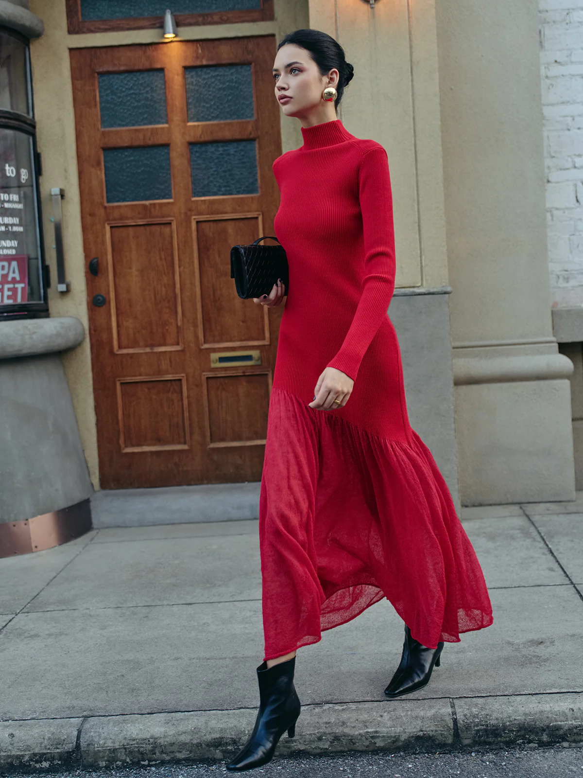 Mock Neck  Pleated Panel Sweater Dress - Takermore