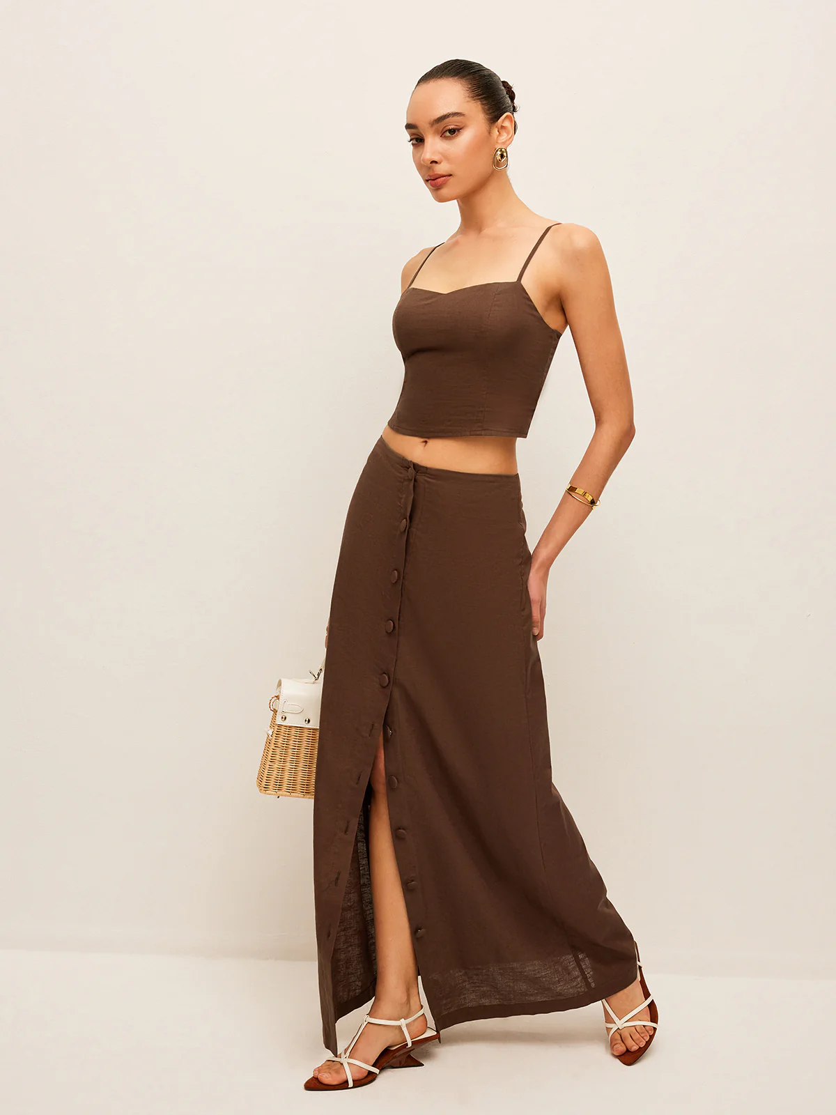 Cotton & Linen Button-Front Skirt Set - Takermore