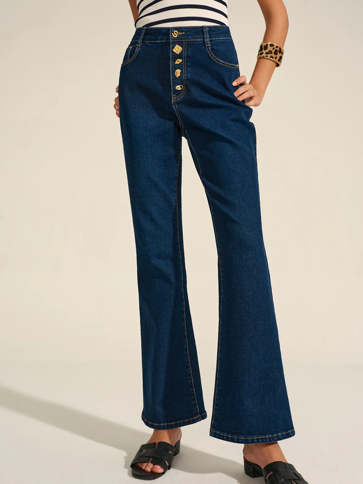 Denim Metal Decor Flared Pants - Takermore