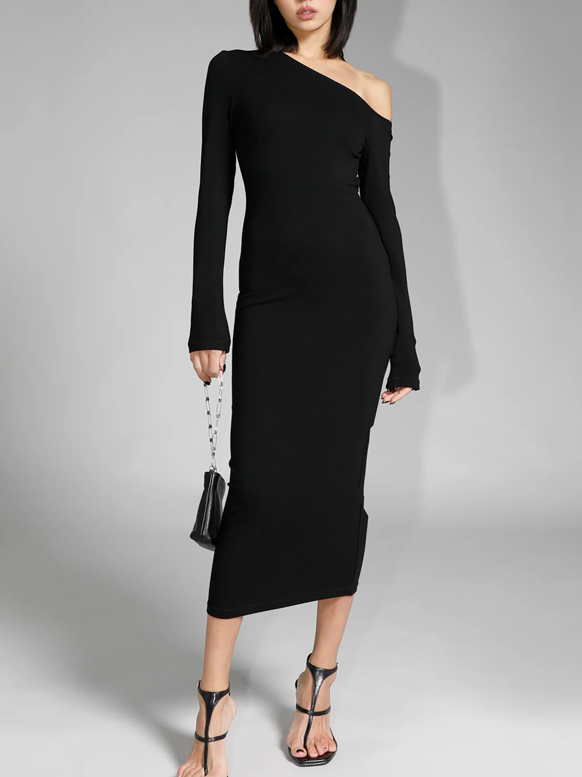 Asymmetric Off Shoulder Long Sleeve Midi Dress - Takermore