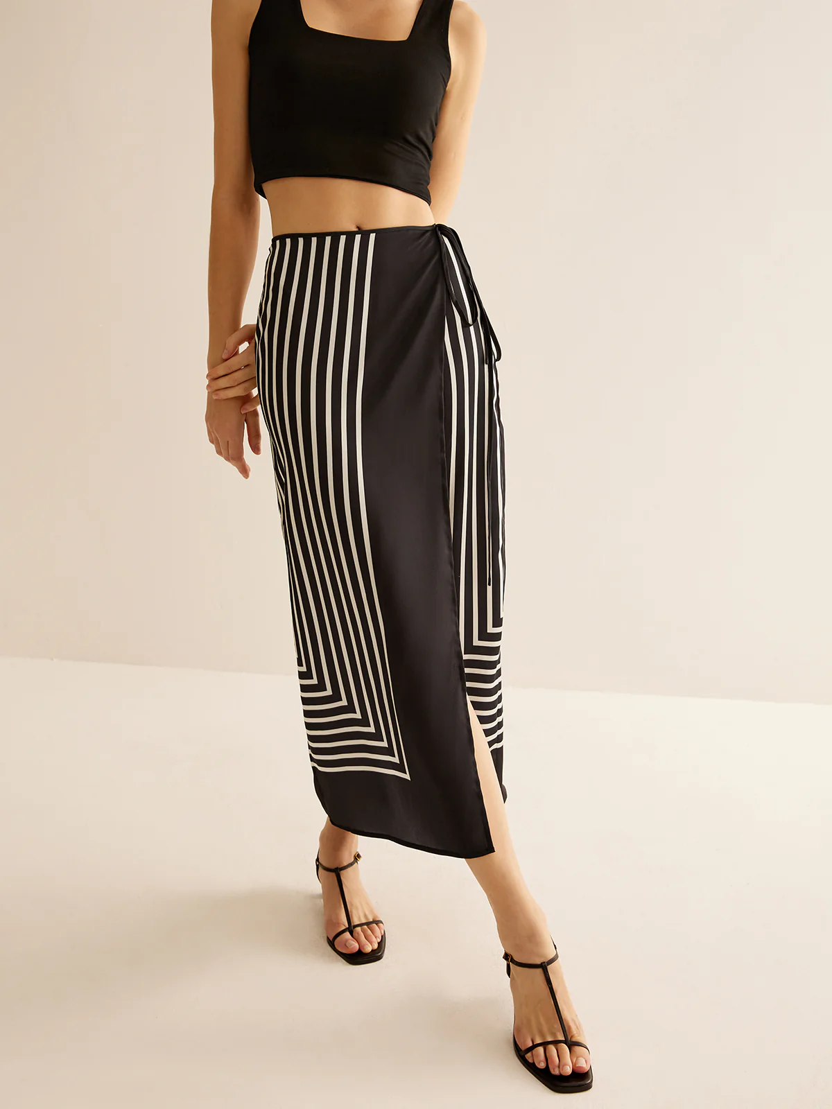 Geometric Pinstripe Satin Wrap Tie Skirt - Takermore