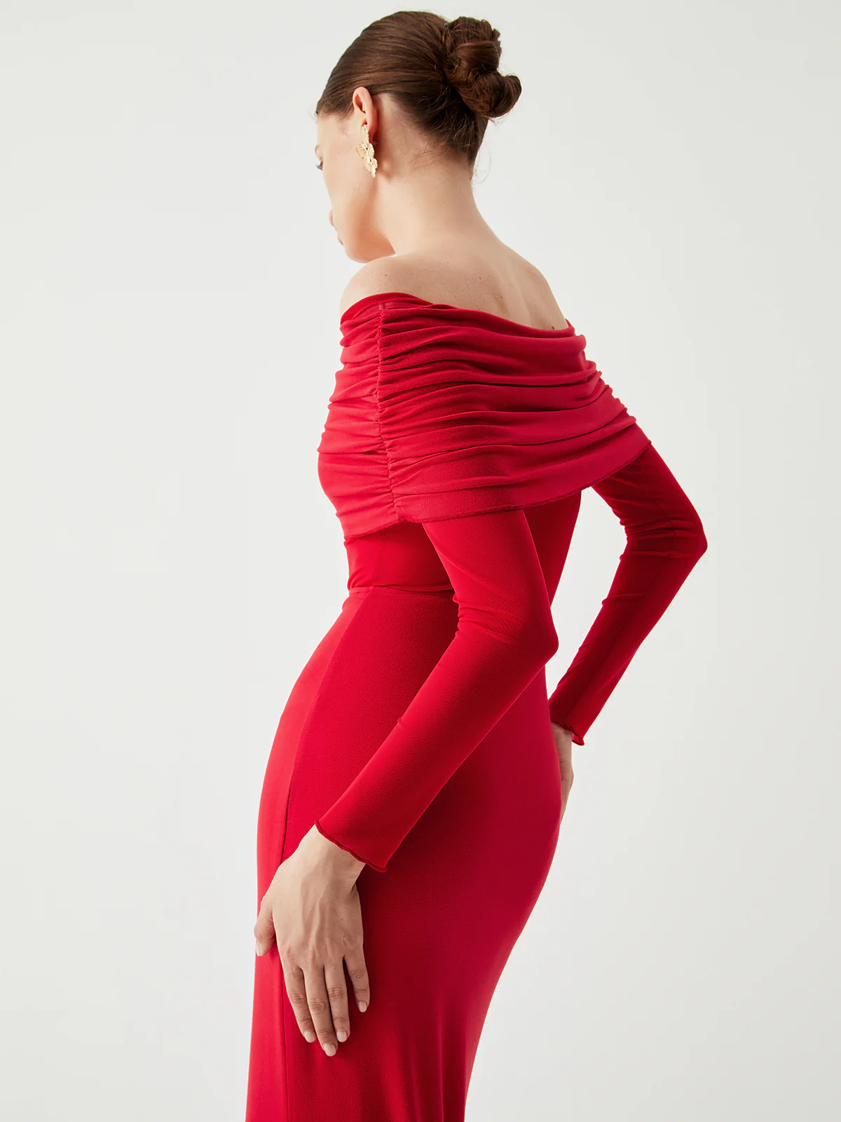 Semi-Sheer Off-Shoulder Mesh Long Sleeve Long Dress - Takermore