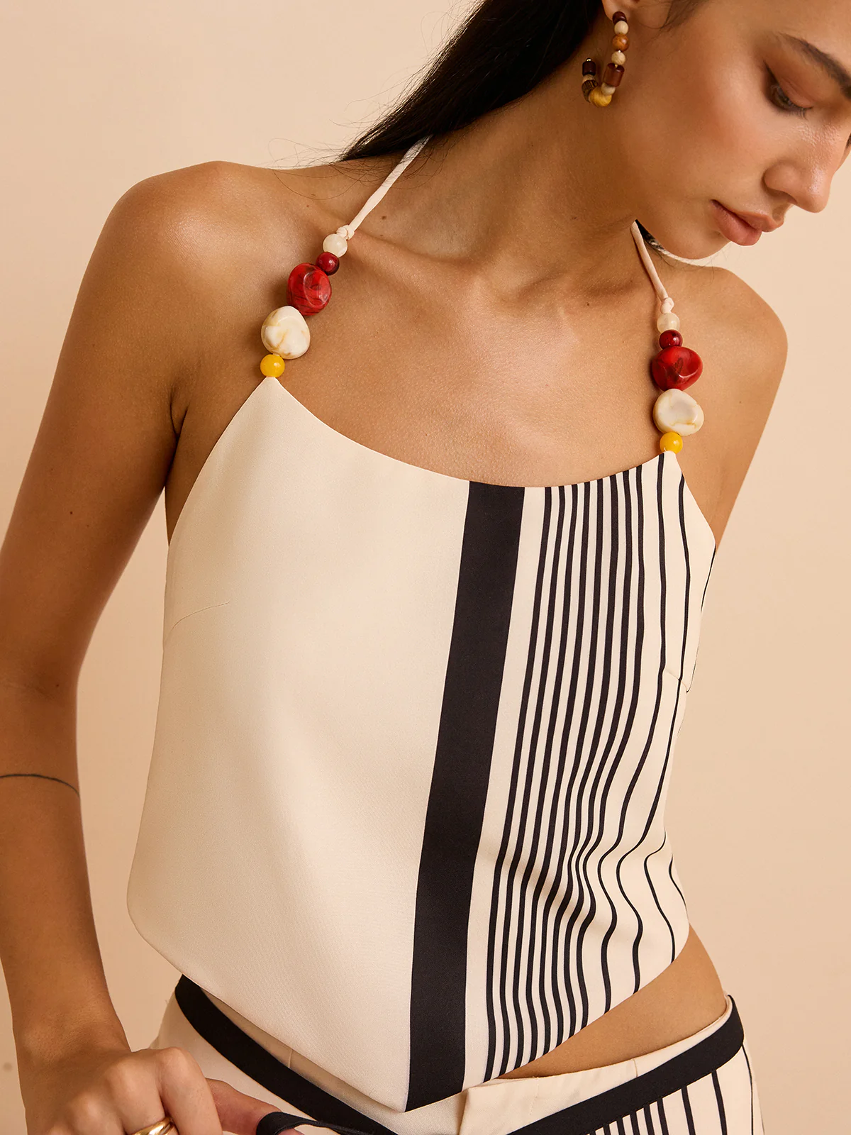 Striped Halter Top with Beaded Straps - Takermore