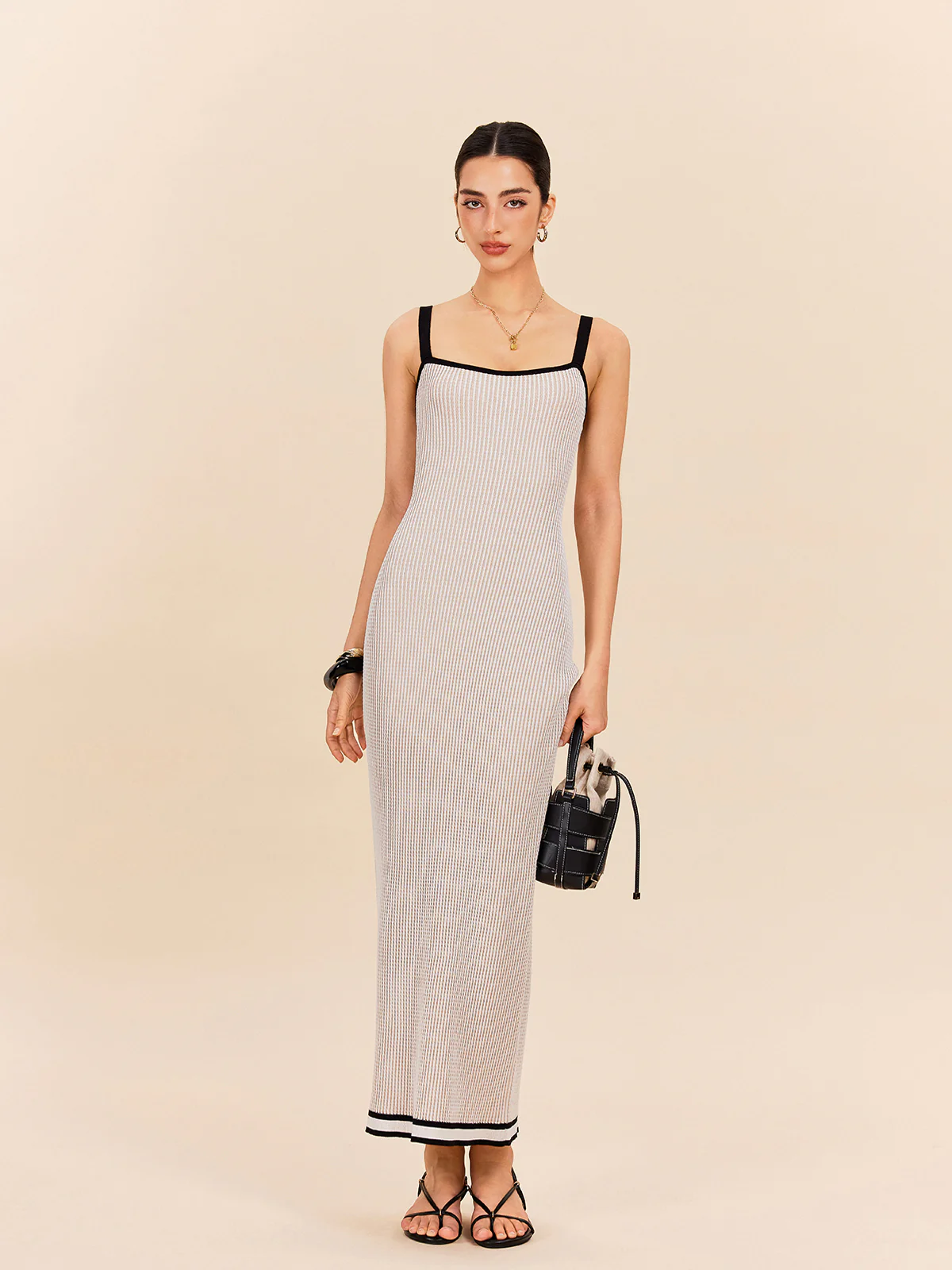 Striped Contrast Trim Spaghetti Strap Sweater Dress - Takermore