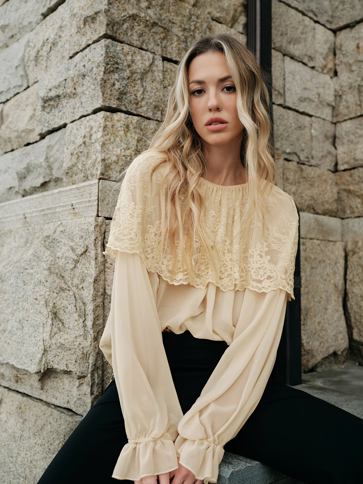 Semi-Sheer Lace Chiffon Blouse - Takermore