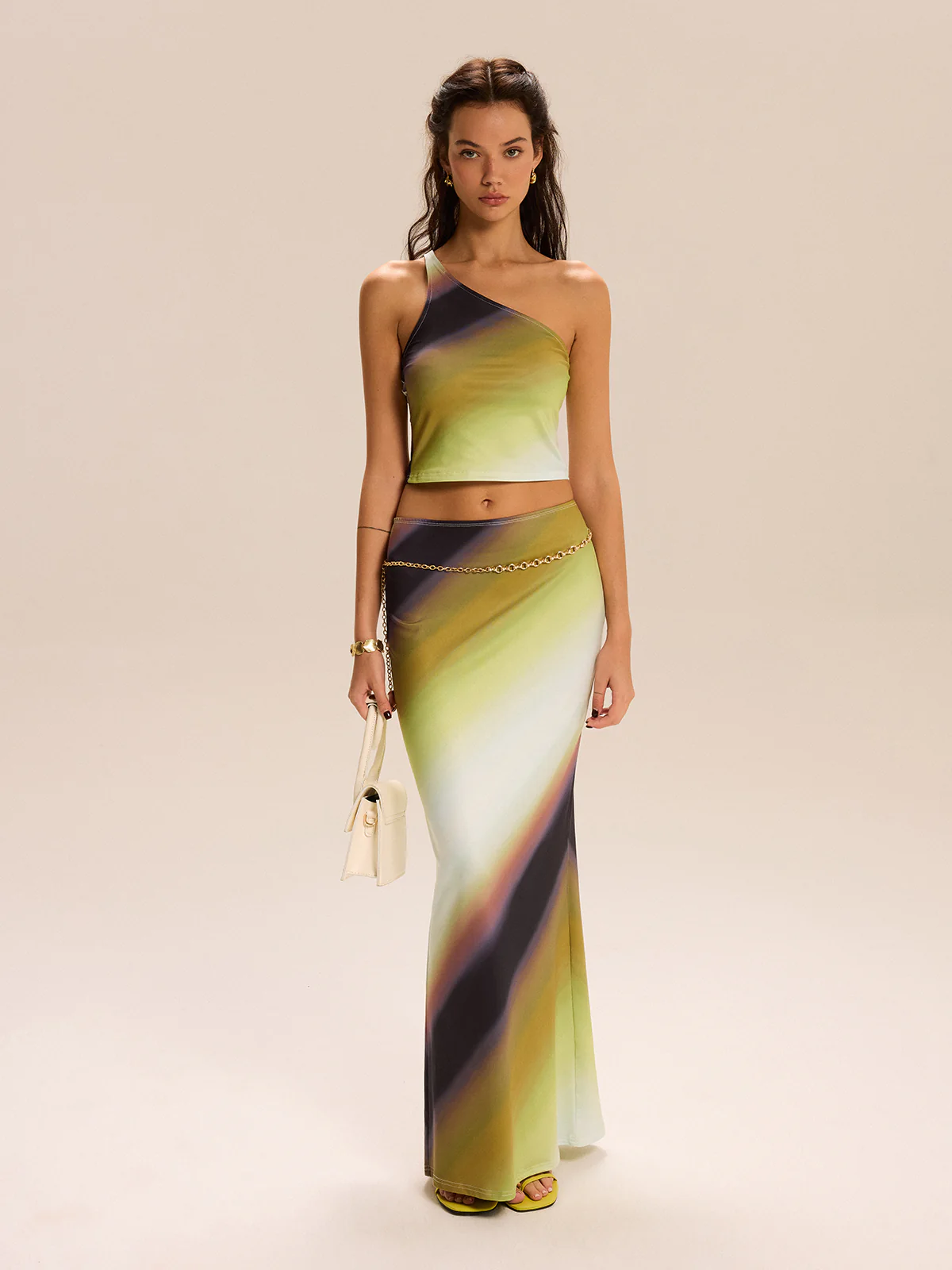 Gradient Print One-Shoulder Skirt Set - Takermore