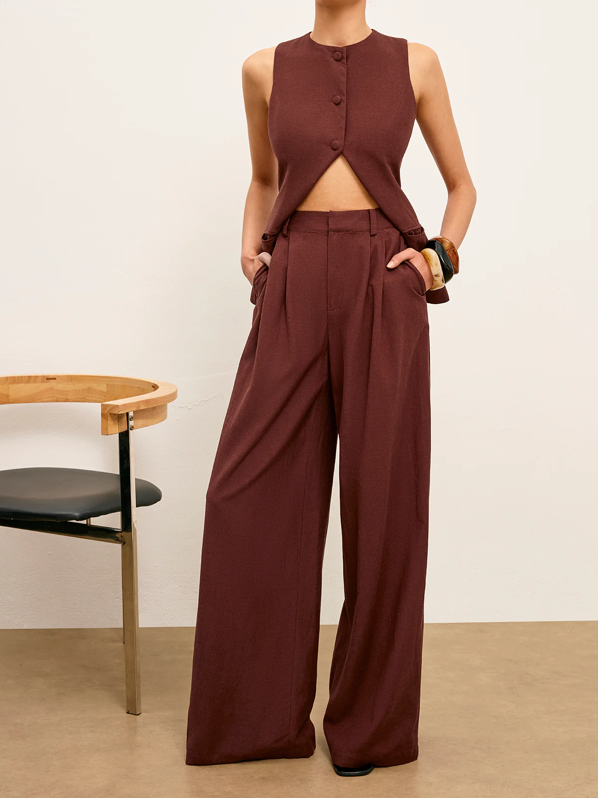 Mid-Waist Wide-Leg Pants With Pockets - Takermore