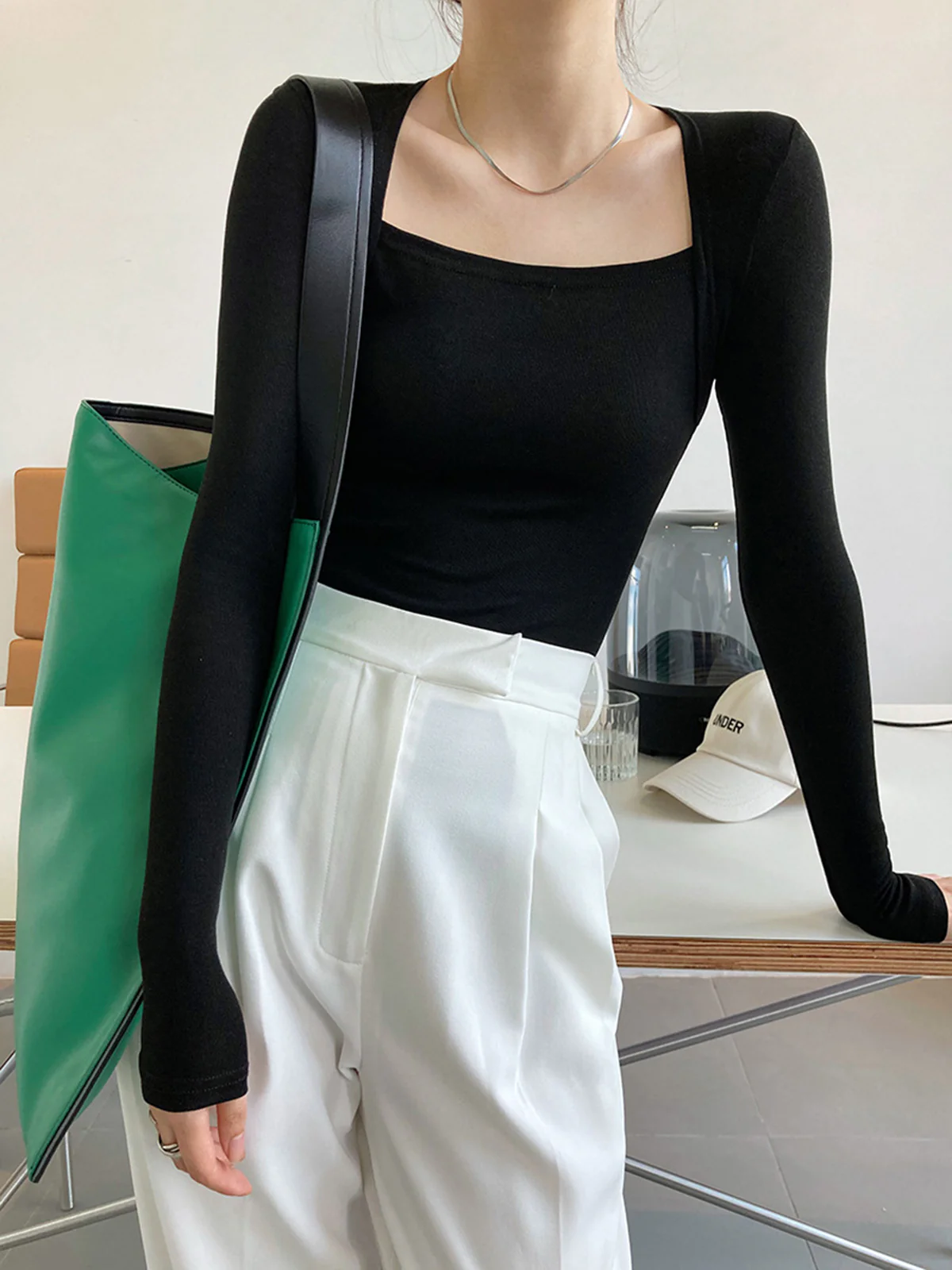 Square Neck Solid Long Sleeve Shirt - Takermore