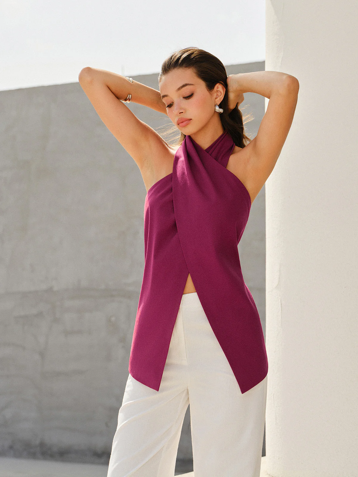 Halter-Style Cross-Neckline Backless Top - Takermore