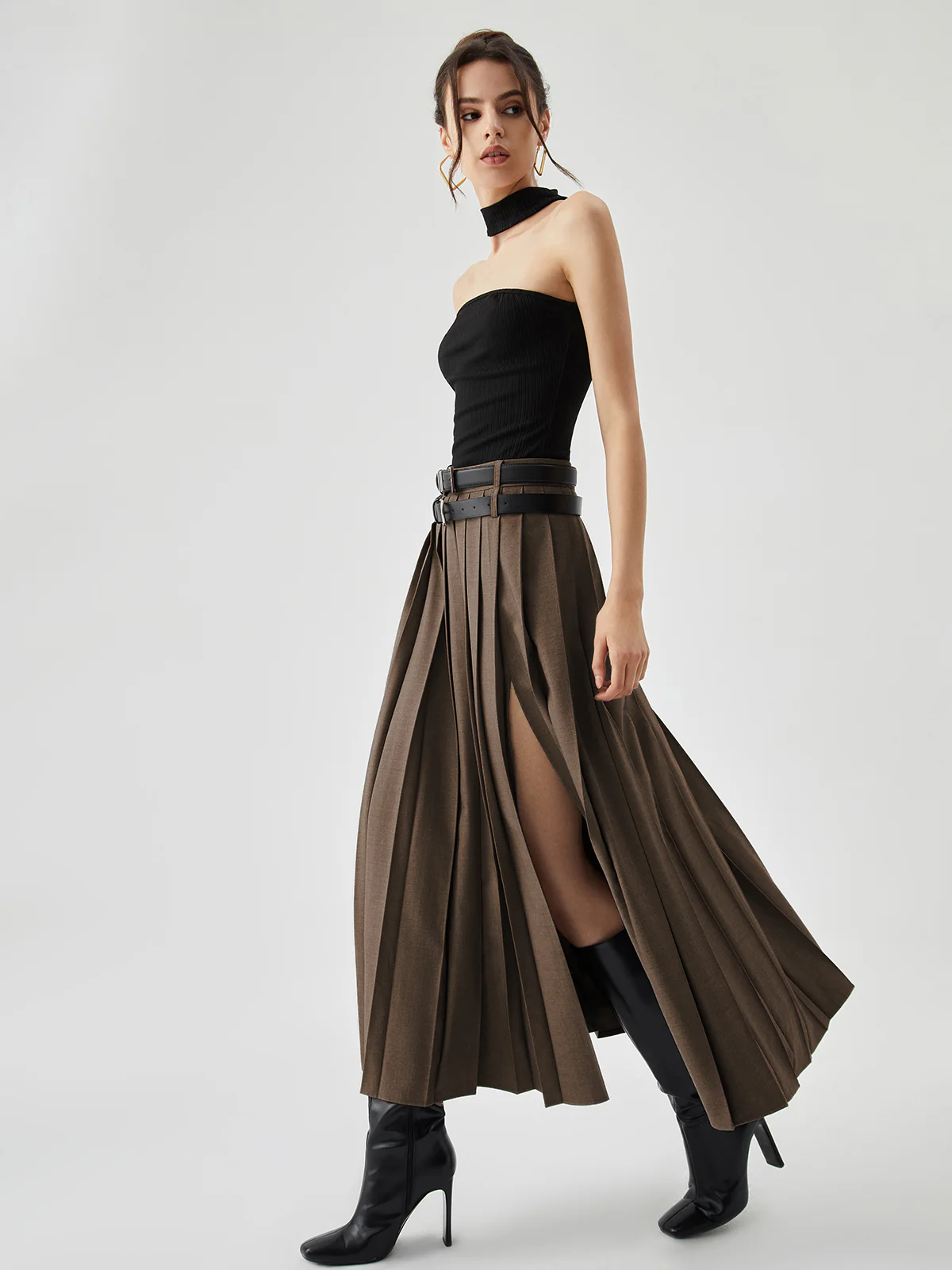 Pleated Split Maxi Skirt Without Belt - Takermore