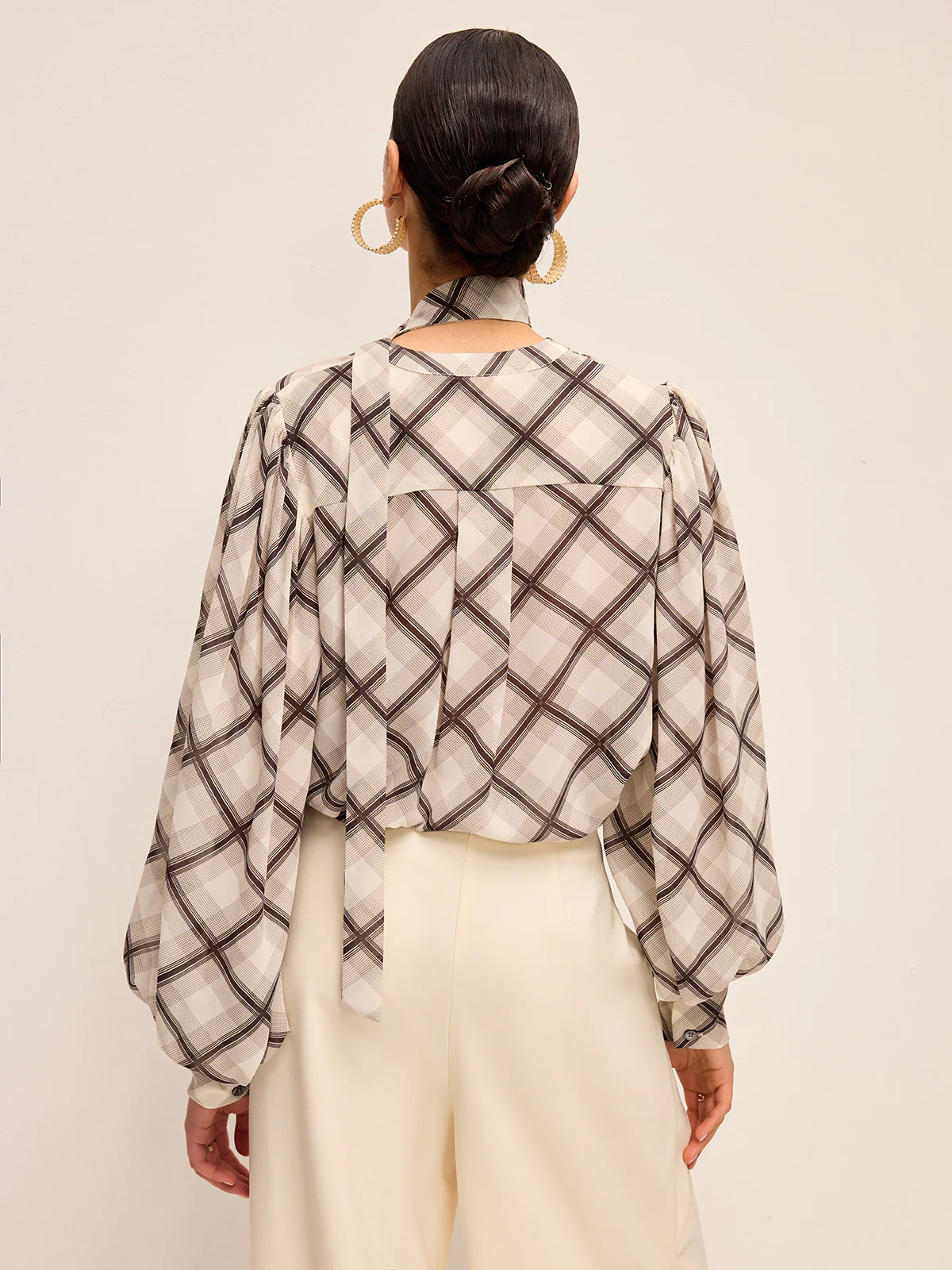 Long-Sleeve Plaid Chiffon Shirt With Neck-Tie Detail - Takermore