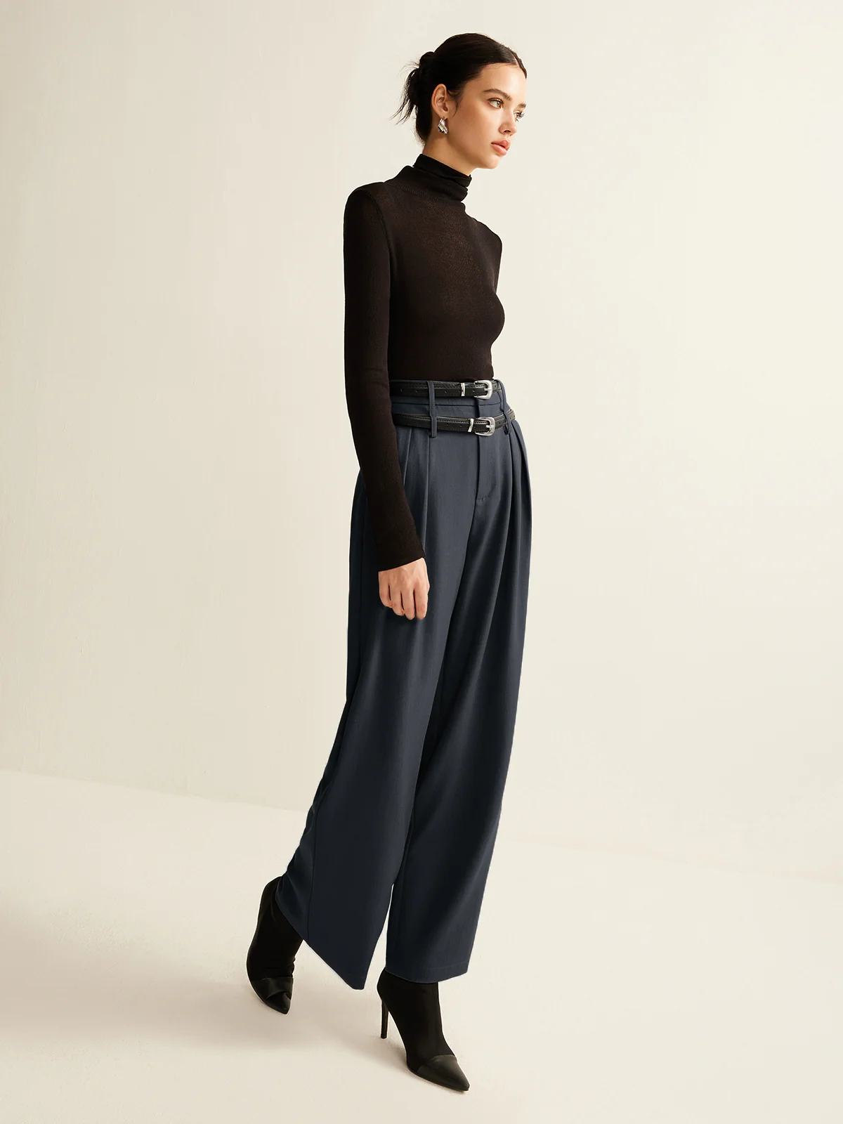Double-Belt Pleated Straight Pants - Takermore