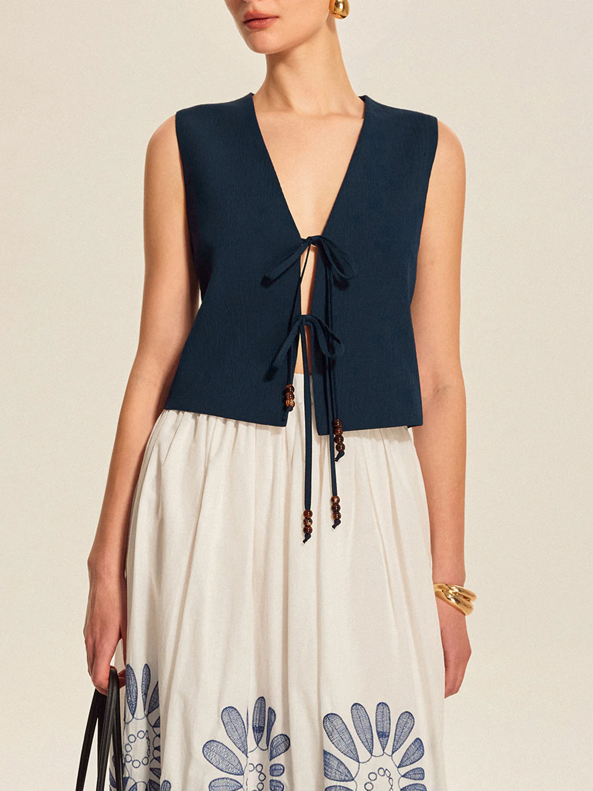 Tie Front Beaded Sleeveless Top - Takermore