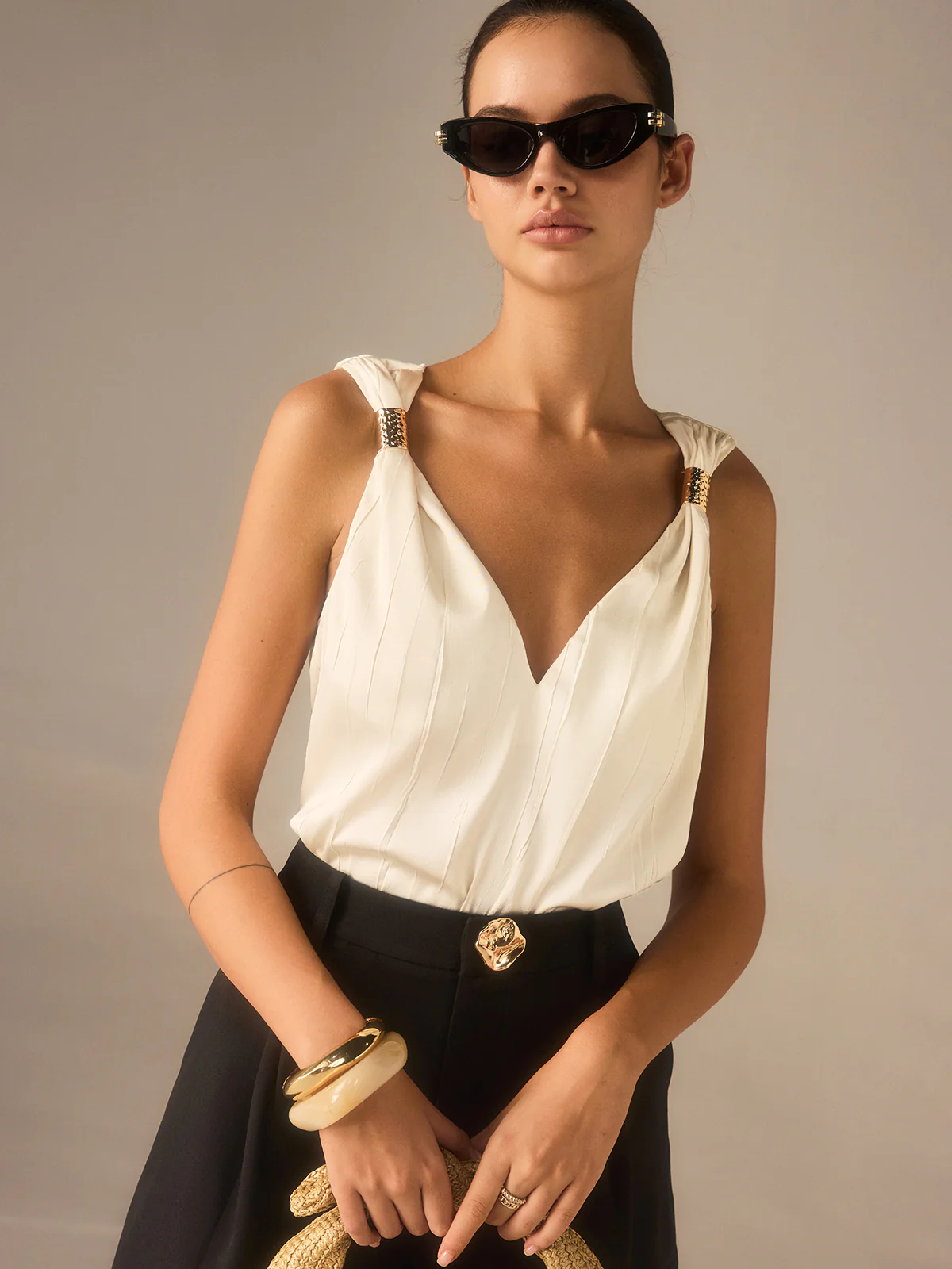 Satin Twist-Strap V-Neck Top with Metal Detail - Takermore