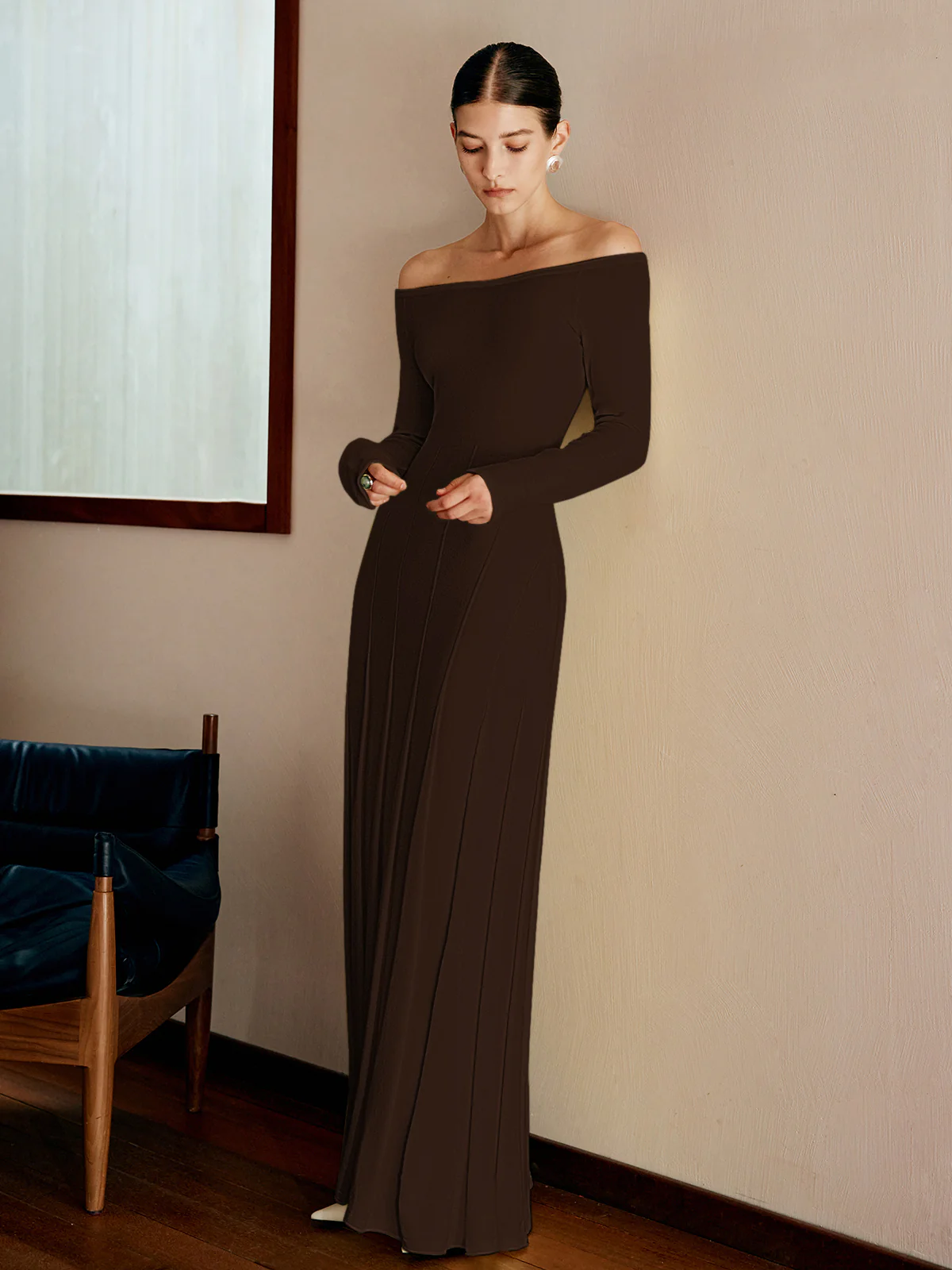 Off Shoulder Pleated  Sweater Dress - Takermore