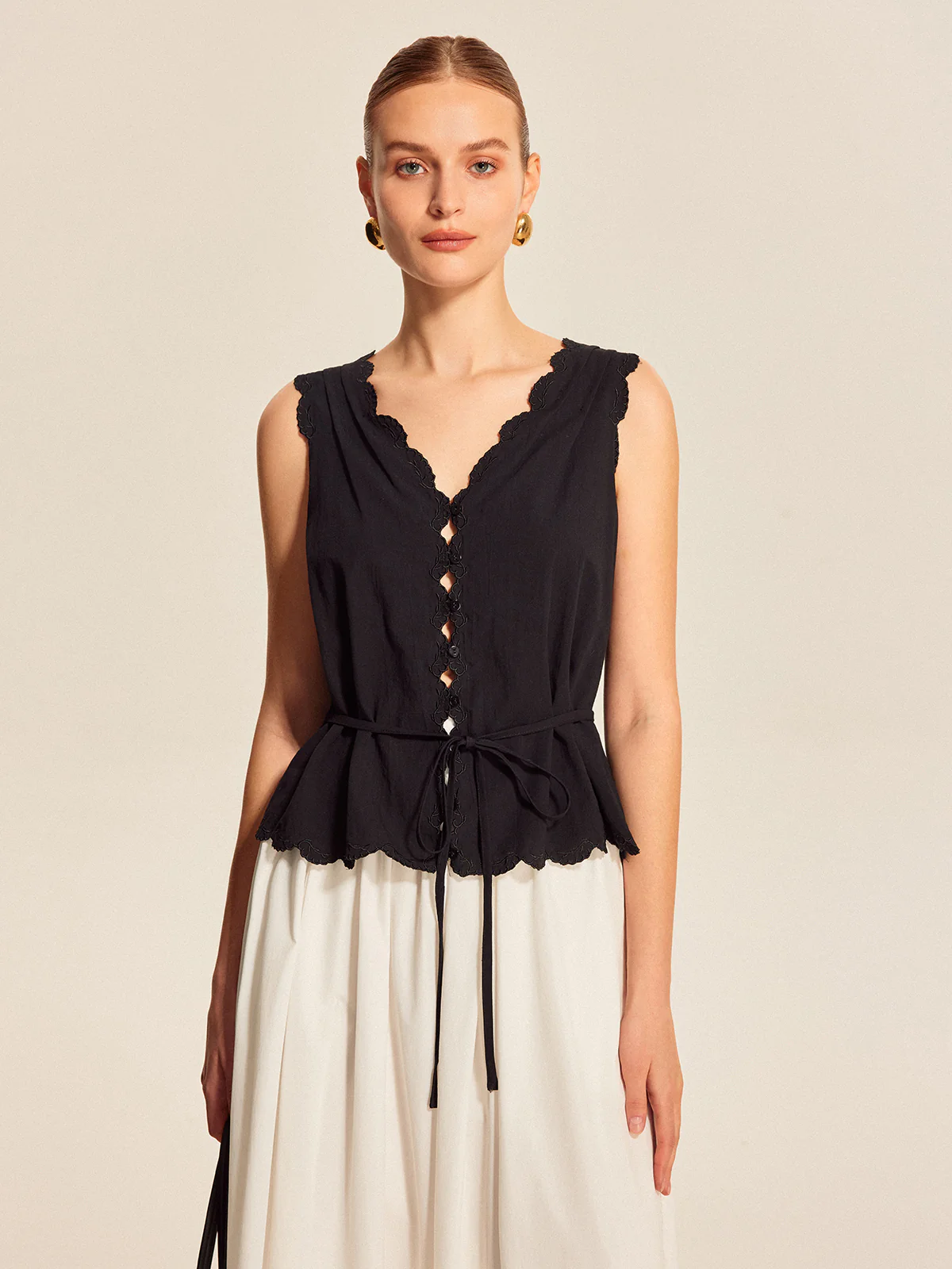 Lace-Trim Scalloped Button-Up Top - Takermore