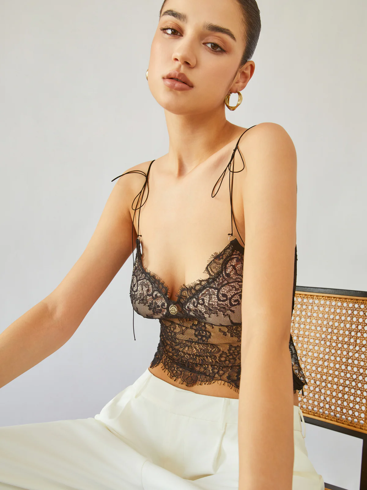 Sheer Tie Shoulder Floral Lace Cami Crop Top - Takermore