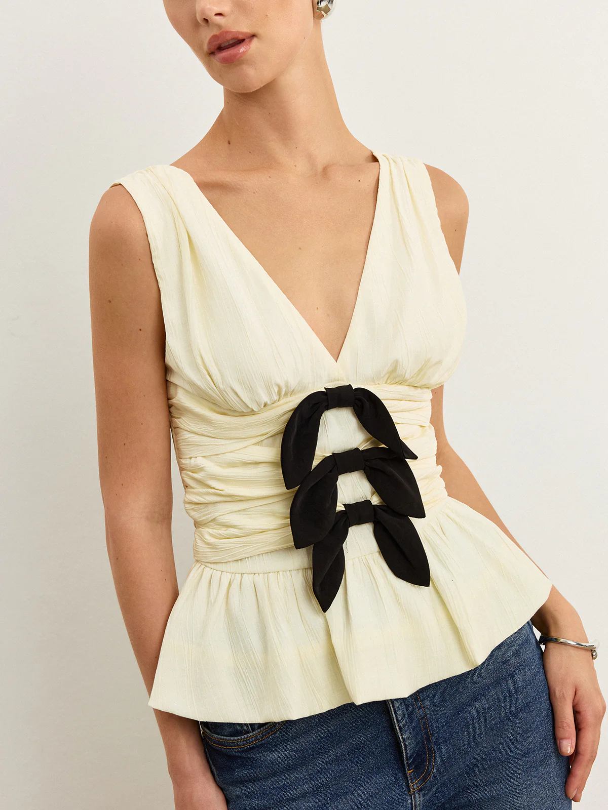 Bow-Detail Ruched Top with Peplum Hem - Takermore