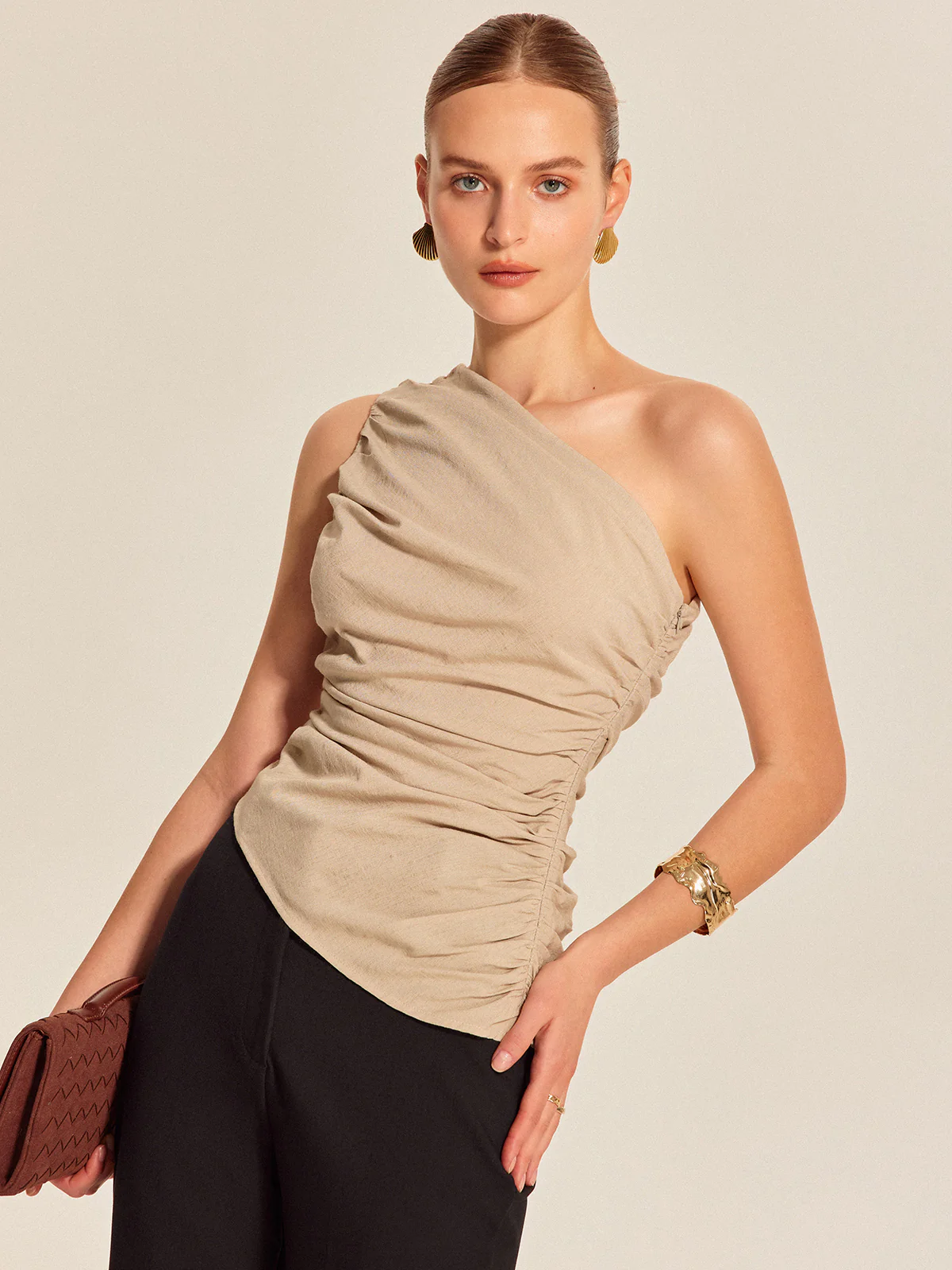 Ruched Side One-Shoulder Top - Takermore