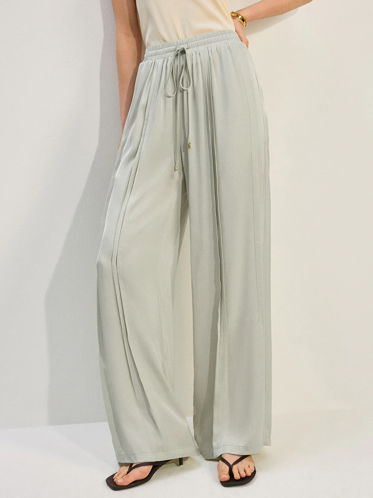 Tencel Rayon Satin Wide-Leg Pants with Pleats - Takermore
