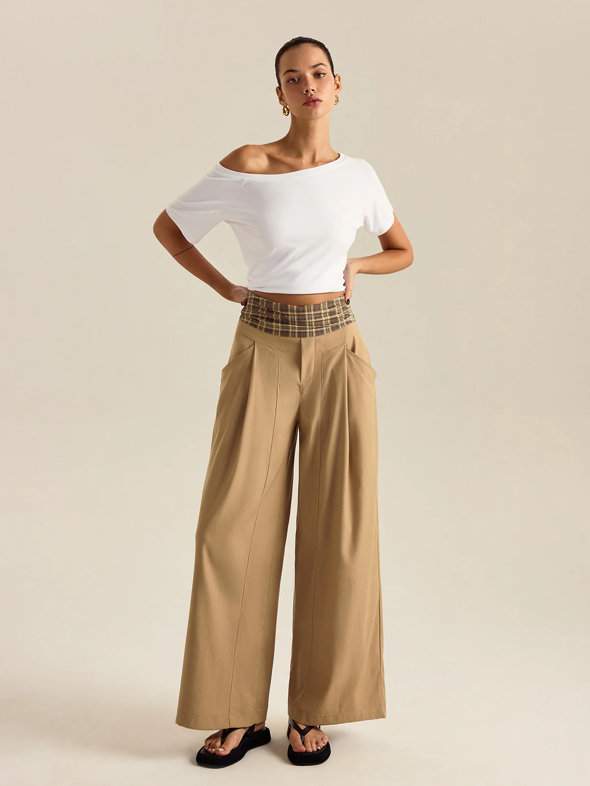 Pocketed Gingham Wide-Leg Pants - Takermore
