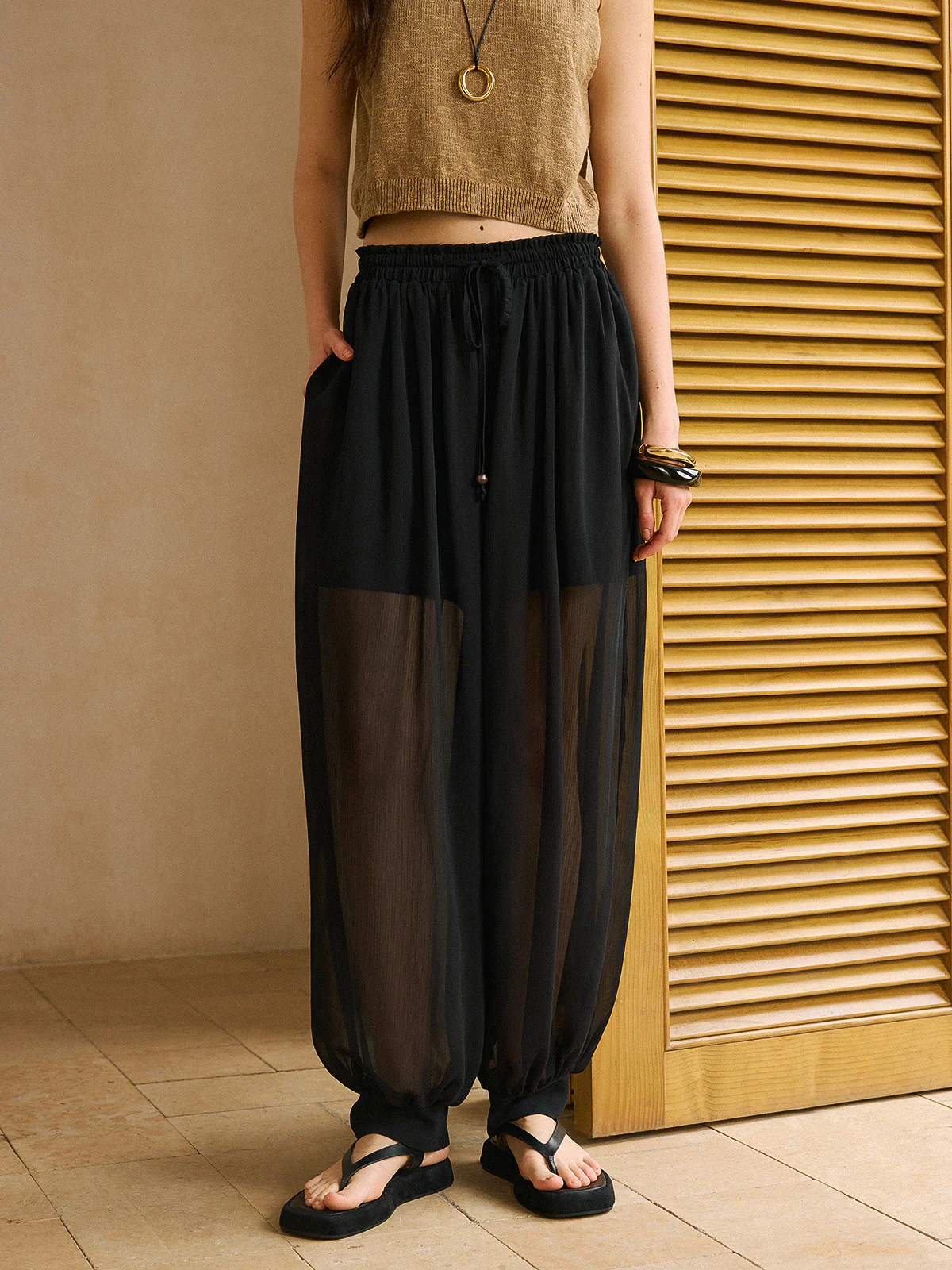 Sheer Chiffon Pants with Elastic Waist and Ankle Cuffs - Takermore