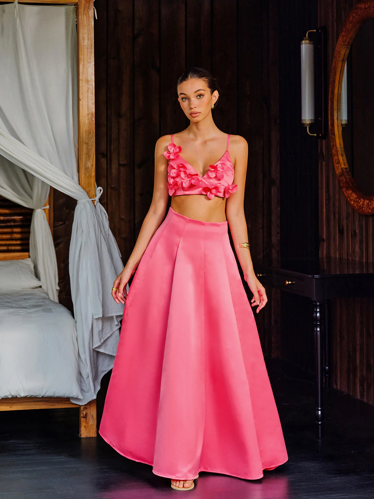 Floral Embellished Crop Top With A-Line Skirt Set - Takermore