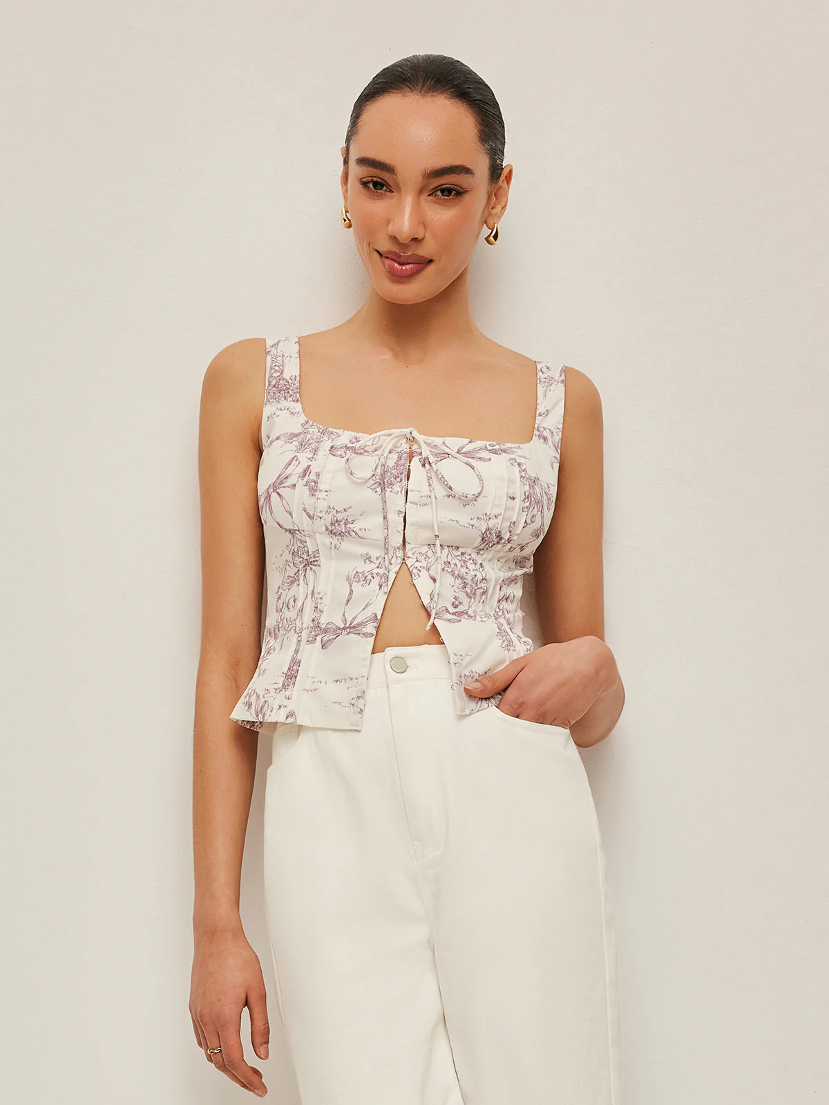 Printed Corset Top With Front Hook Closure - Takermore