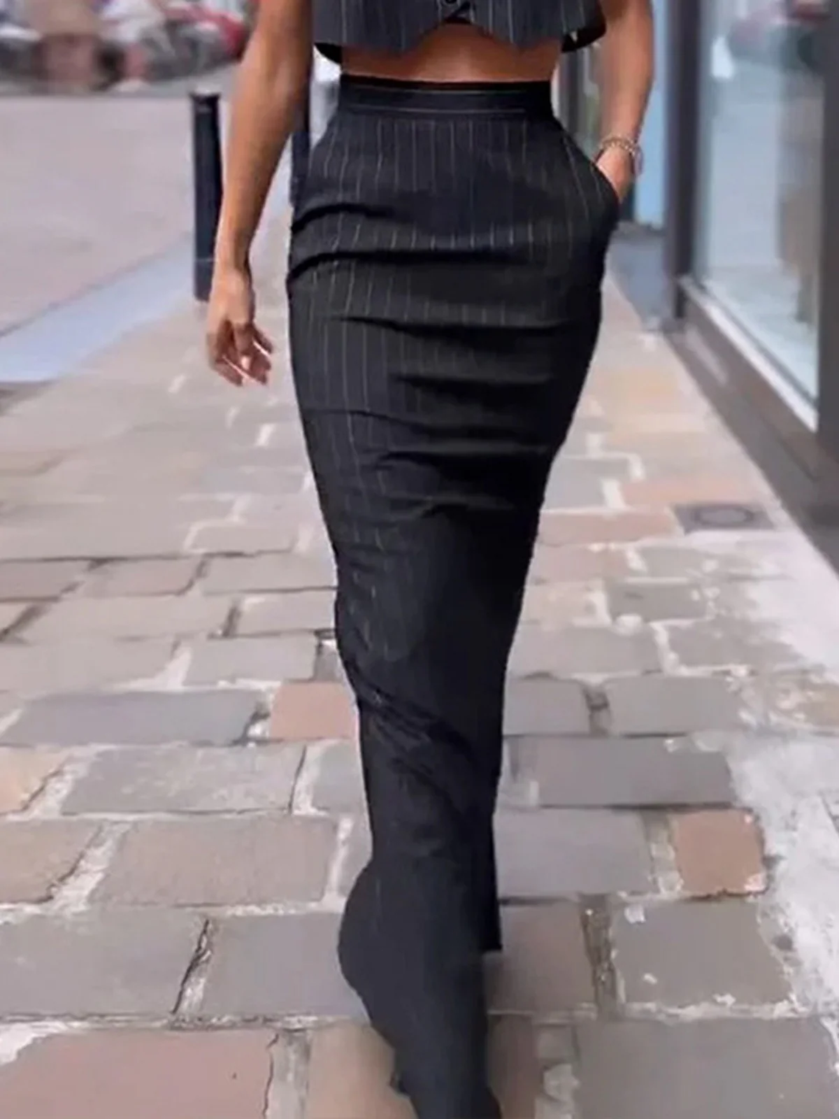 Pinstripe Button Crop Two Pieces Skirt Set - Takermore