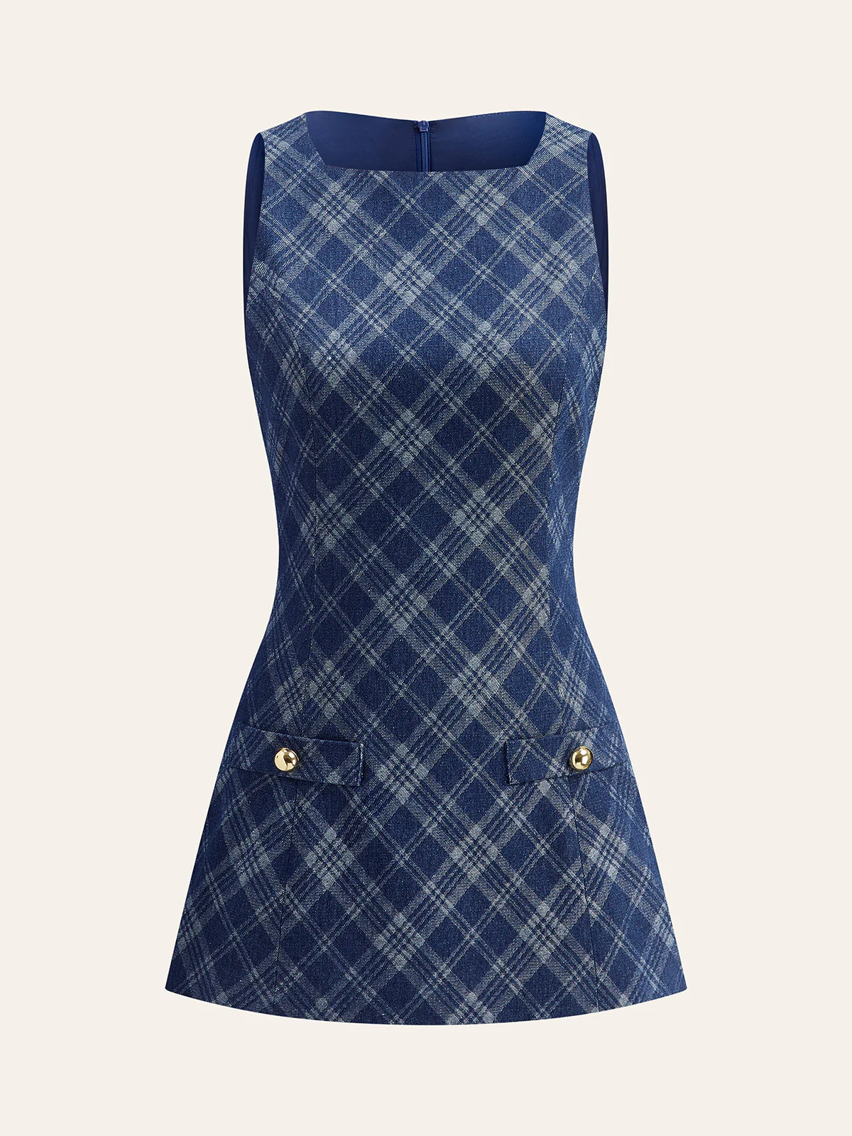 Metal Button Crew-Neck Decor-Pockets Denim Dress - Takermore