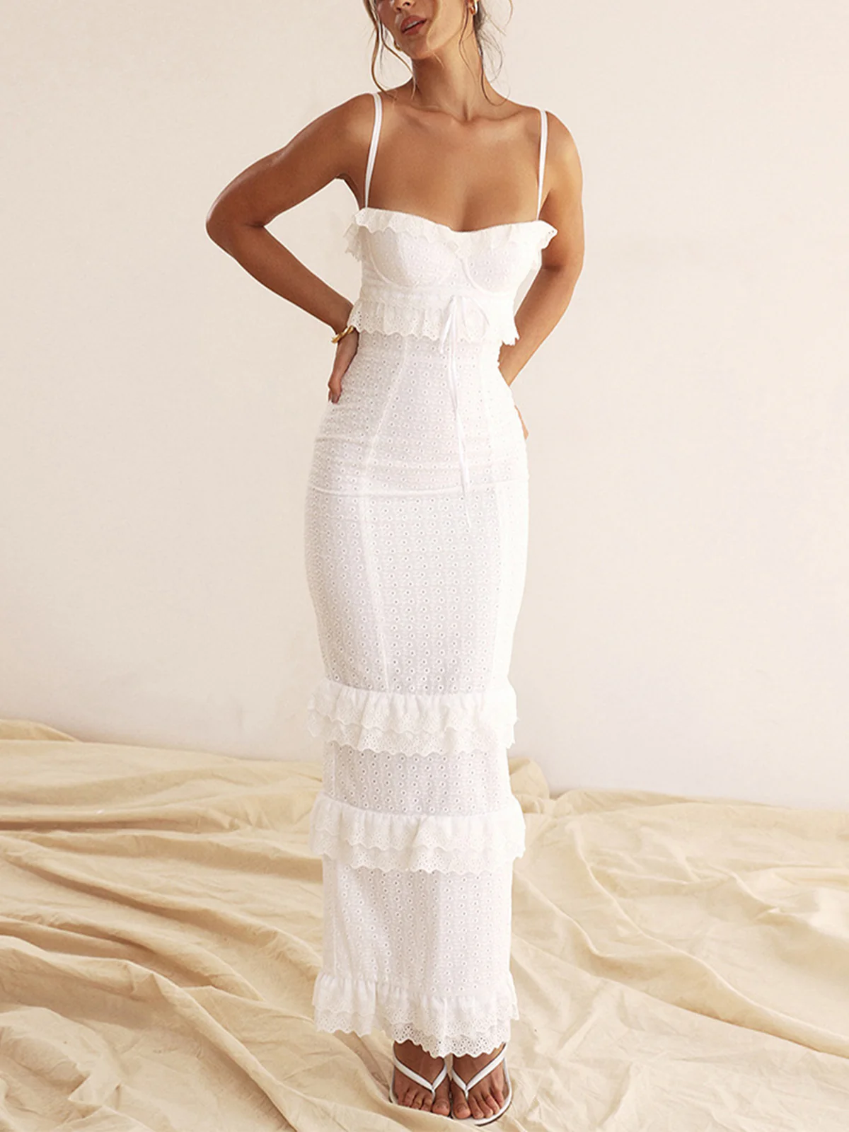 Cup Detail Layered Ruffle Eyelet Long Dress - Takermore