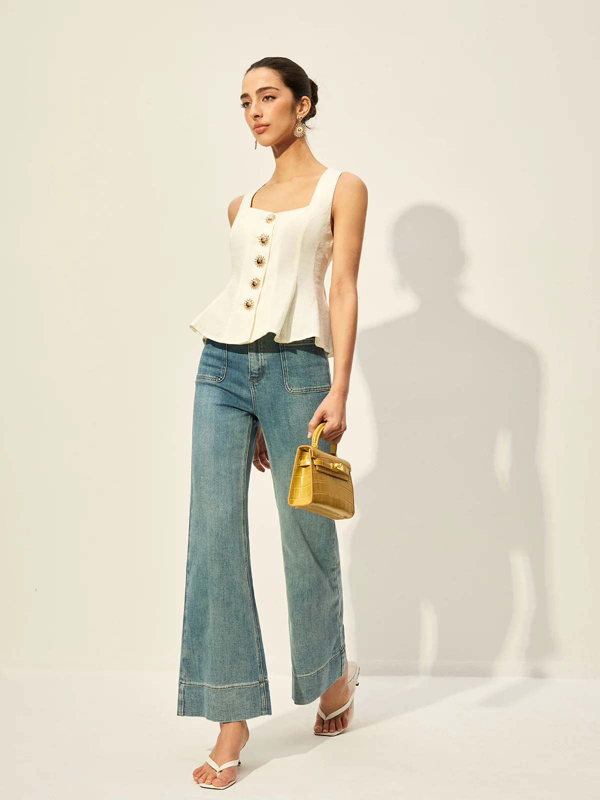 Square Neck Button-Front Peplum Top - Takermore