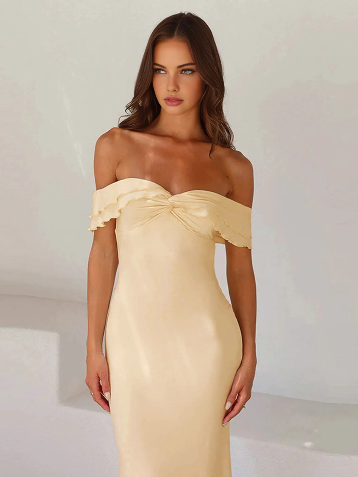 Off Shoulder Ruffle Satin Long Dress - Takermore
