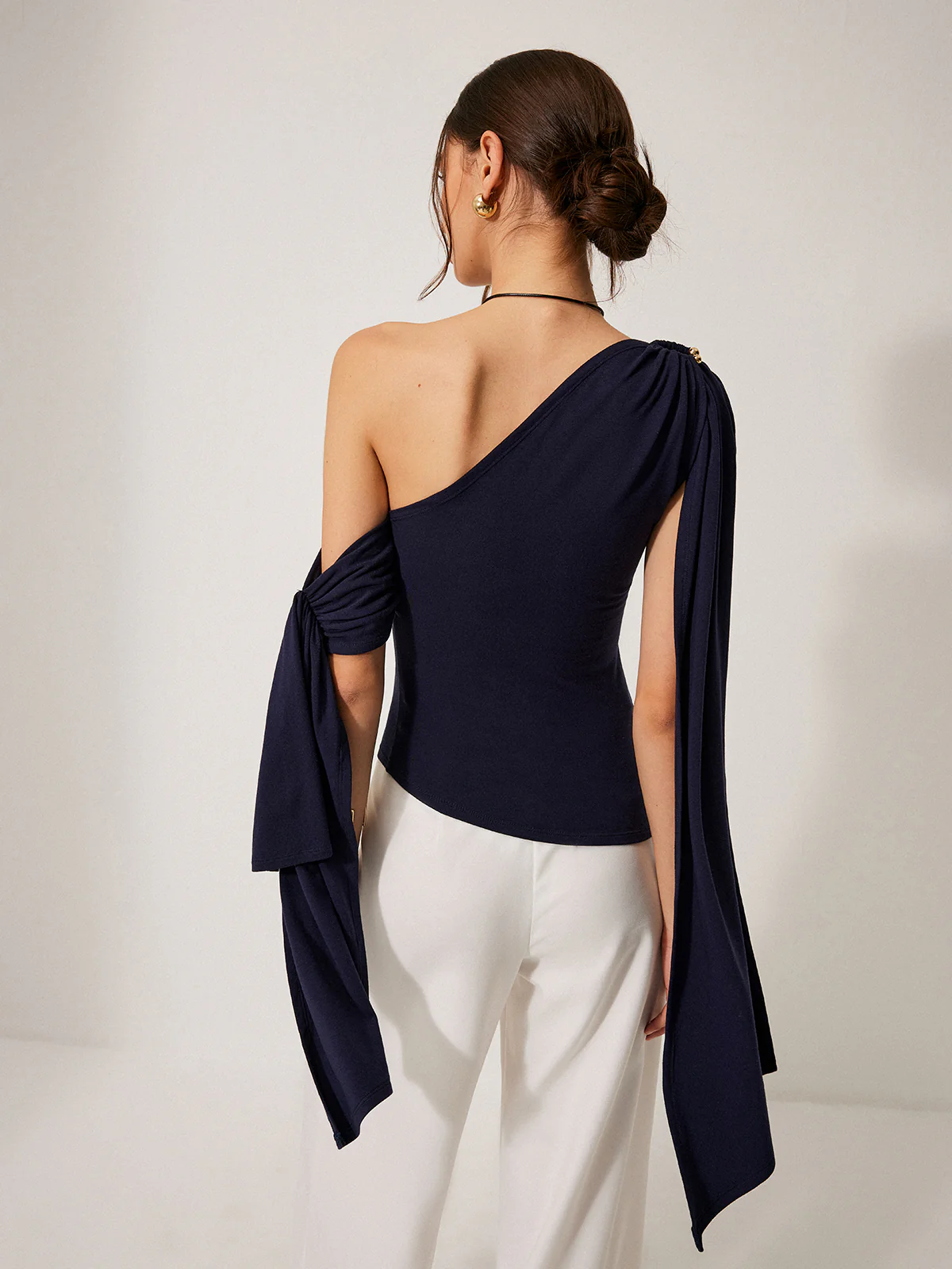 One-Shoulder Draped Tie Detail Top - Takermore