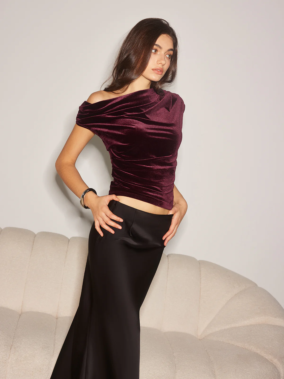 Asymmetrical Pleated Velvet Tank Top - Takermore