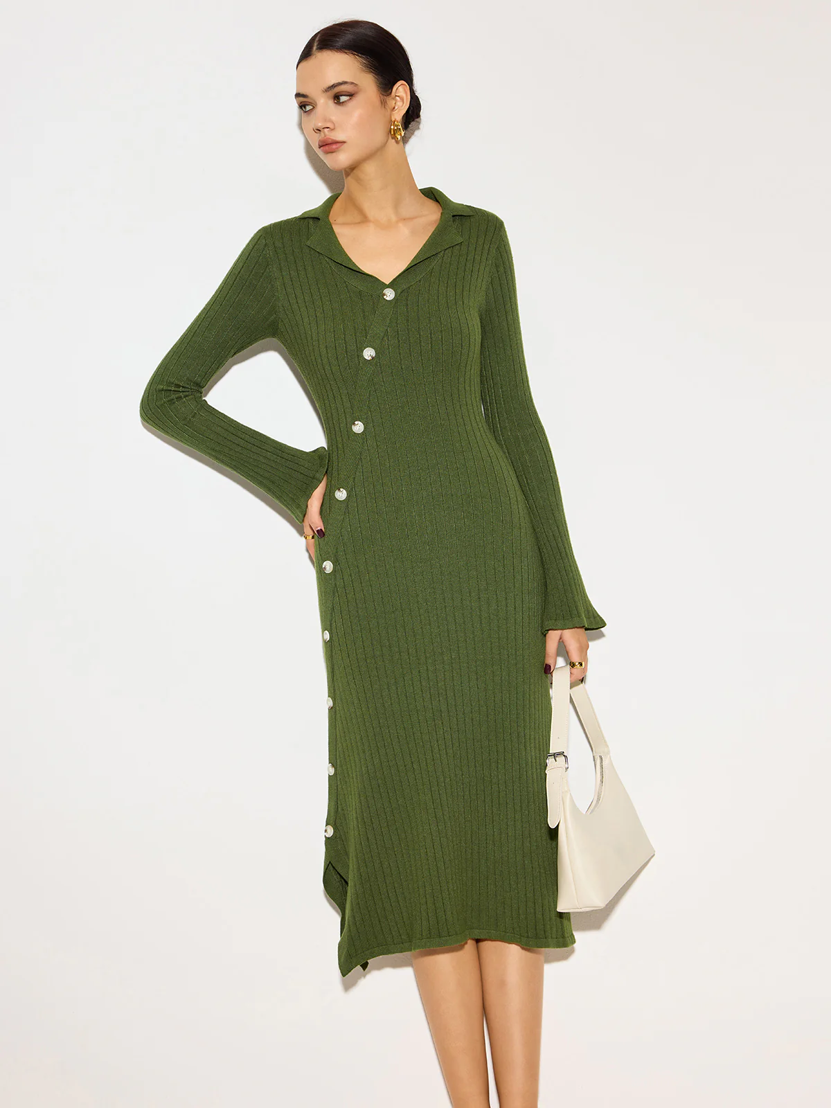 V-Neck Lapel Sweater Midi Dress - Takermore
