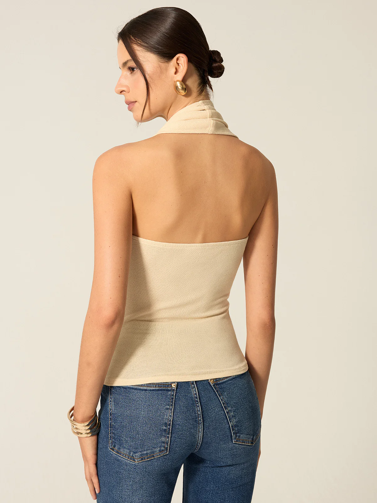 Halter Backless Top with Draped Scarf Detail - Takermore