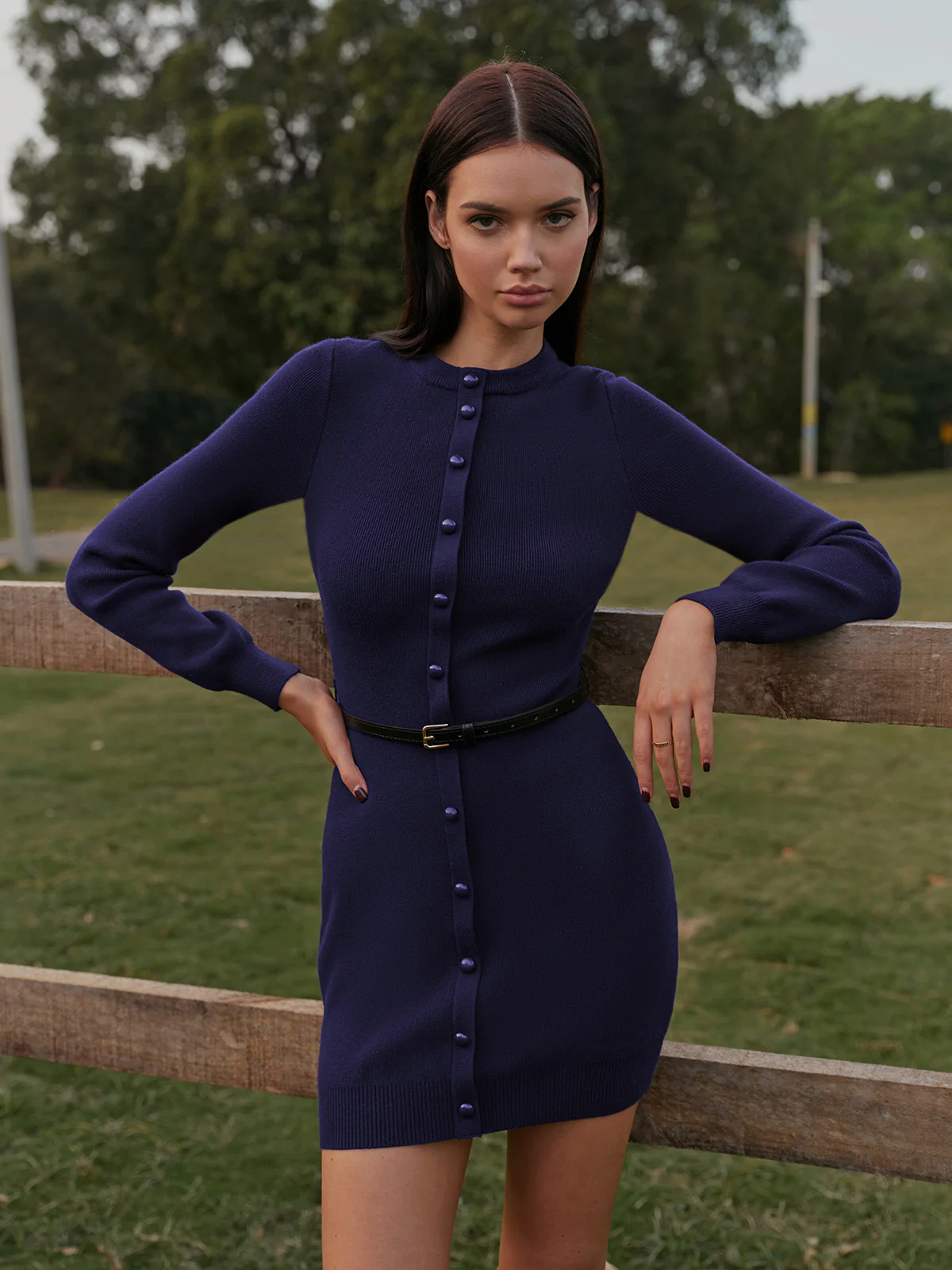 Button-Decor Sweater Hip-Covering Dress With Belt - Takermore