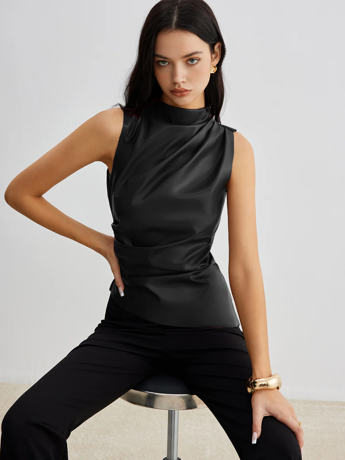 Mock Neck Faux Leather Cinched Tank Top - Takermore