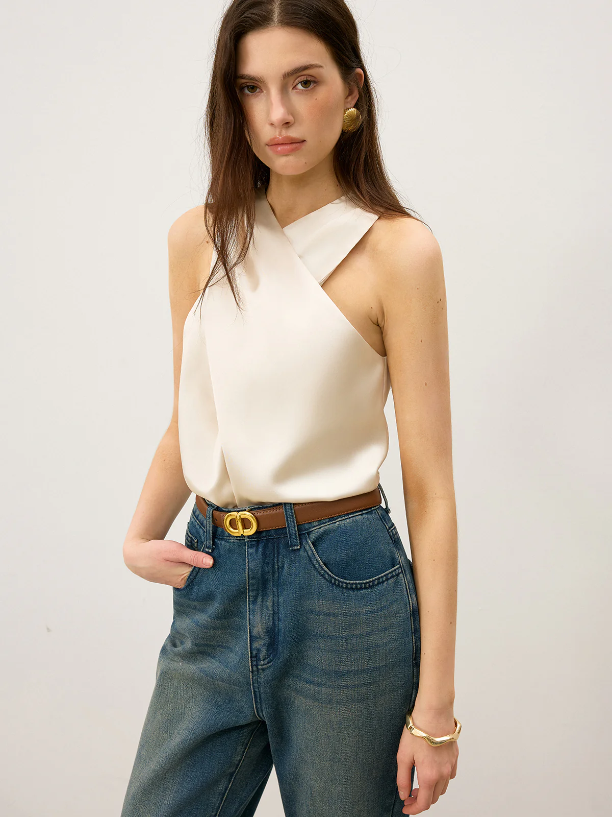 Satin Cross-Over Collar Tank Top - Takermore