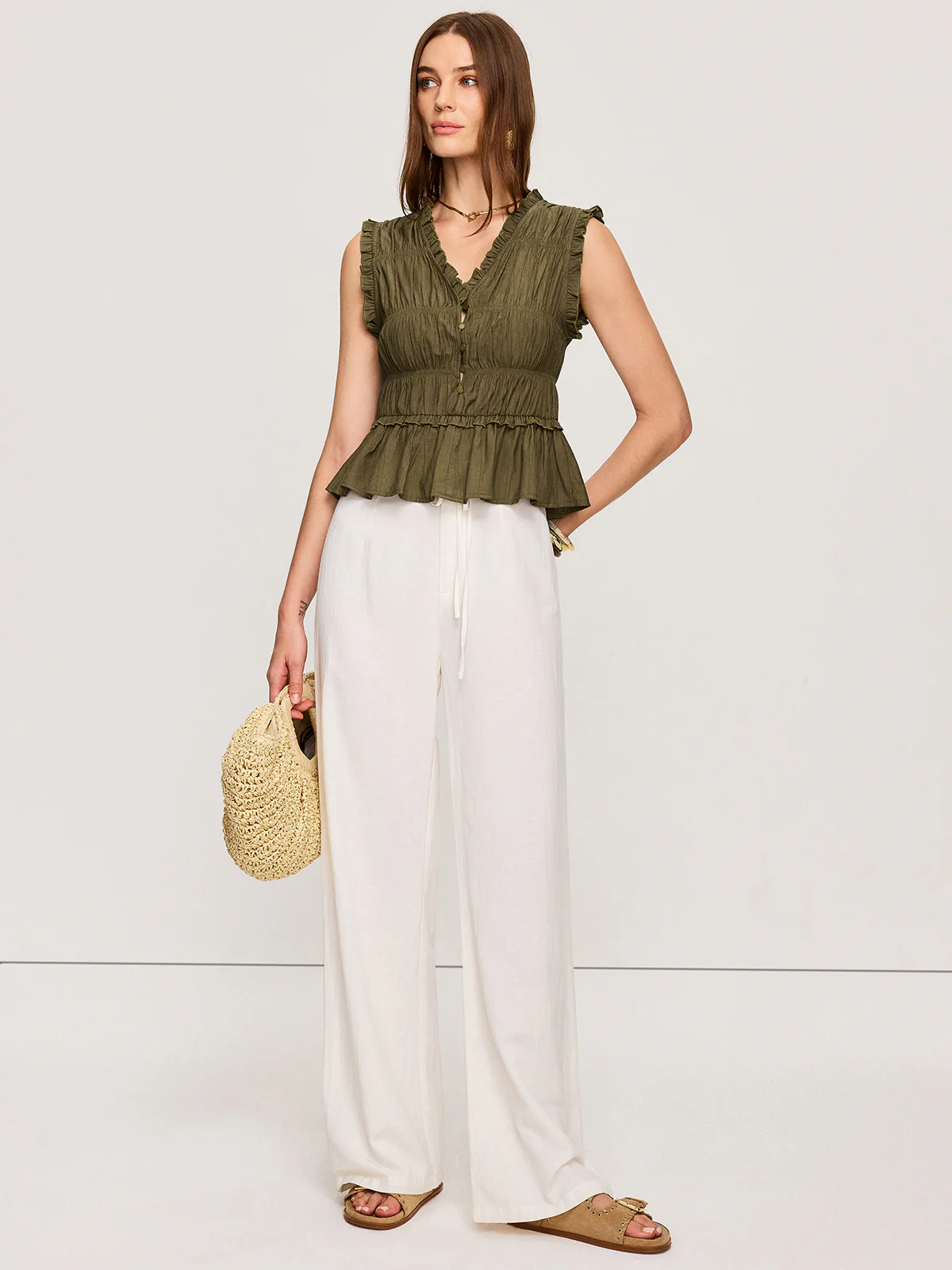 Ruffled V-Neck Peplum Top - Takermore