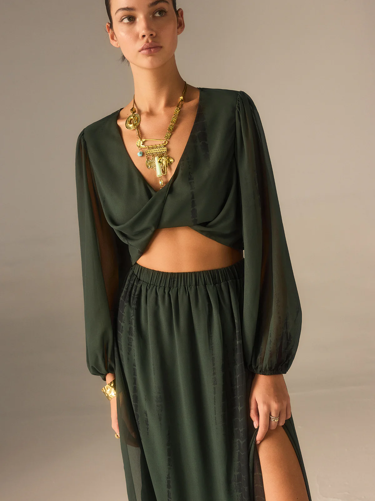 Chiffon Crop Top and Slit Maxi Skirt Set - Takermore