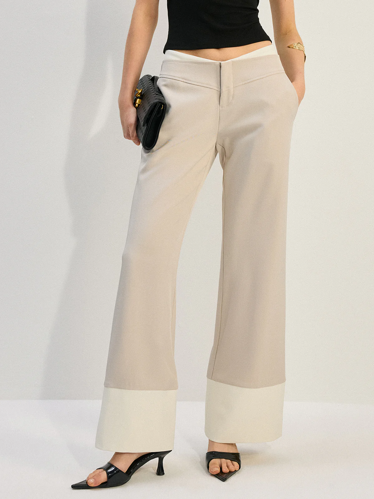 Wide-Leg Low-Rise Pants with Colorblock Hem - Takermore
