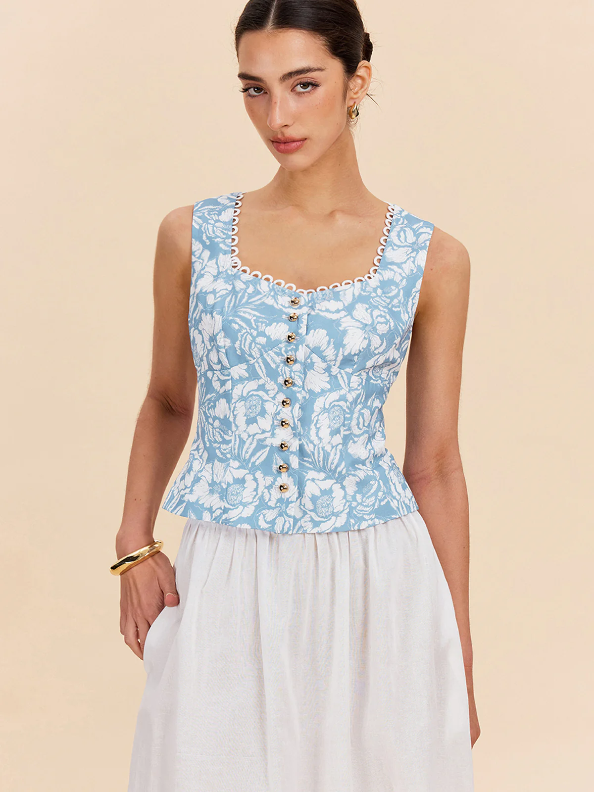 Floral Print Button-Front Top - Takermore