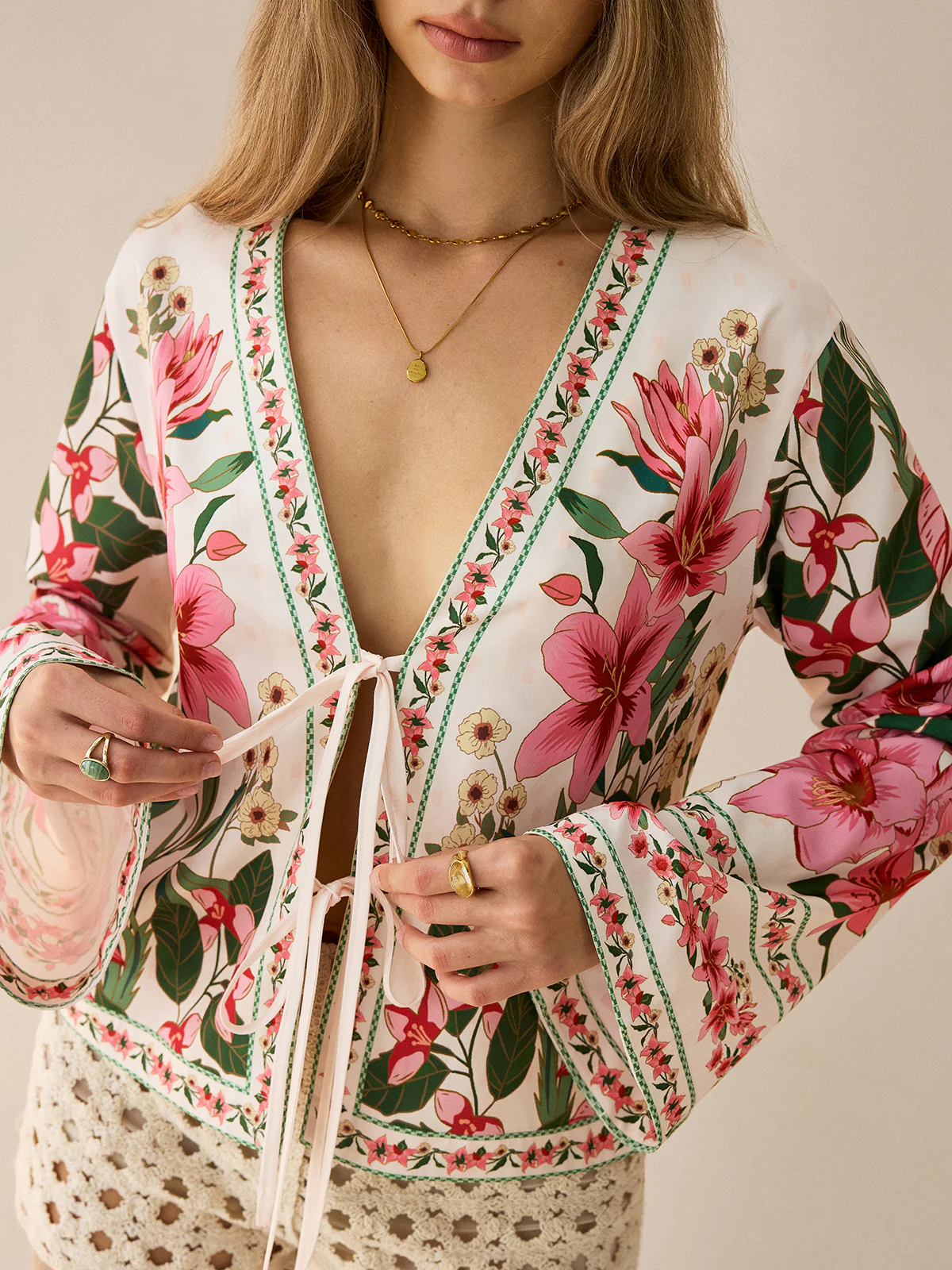 Floral Print Tie-Front Shirt - Takermore