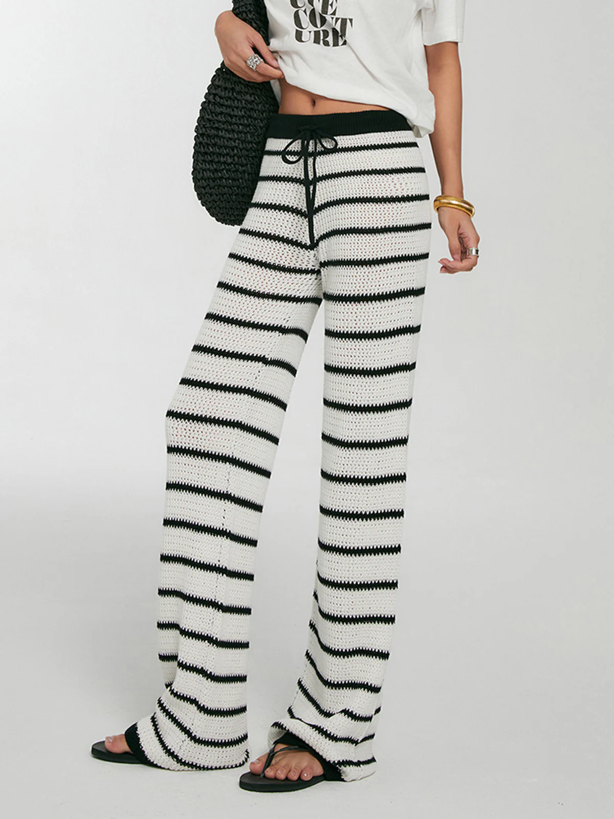 Striped Drawstring Knit Pants - Takermore