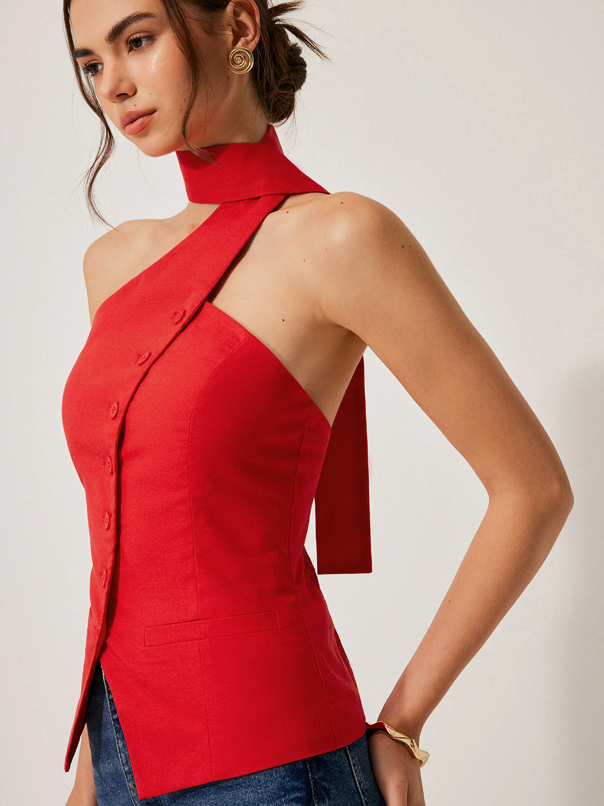 Cotton & Linen Halter Top With Decor Pockets - Takermore