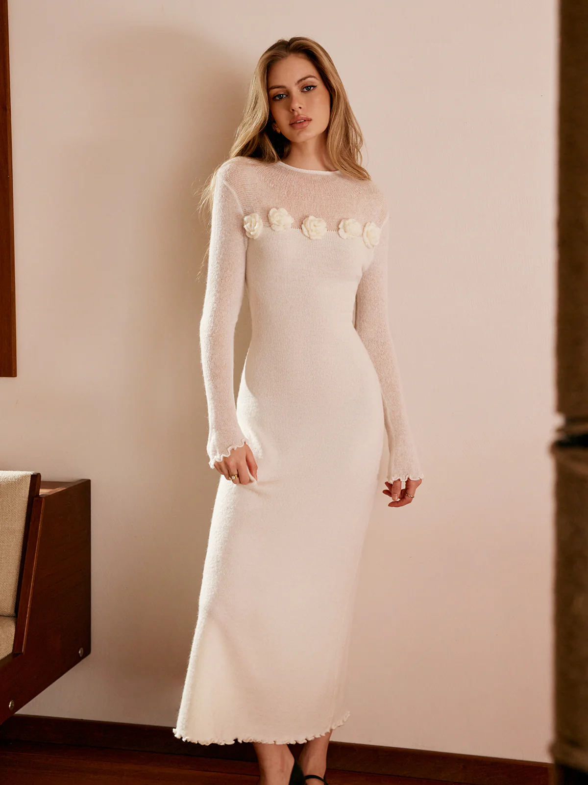 Wool-Blend 3D Flower Lettuce Trim Sweater Dress - Takermore