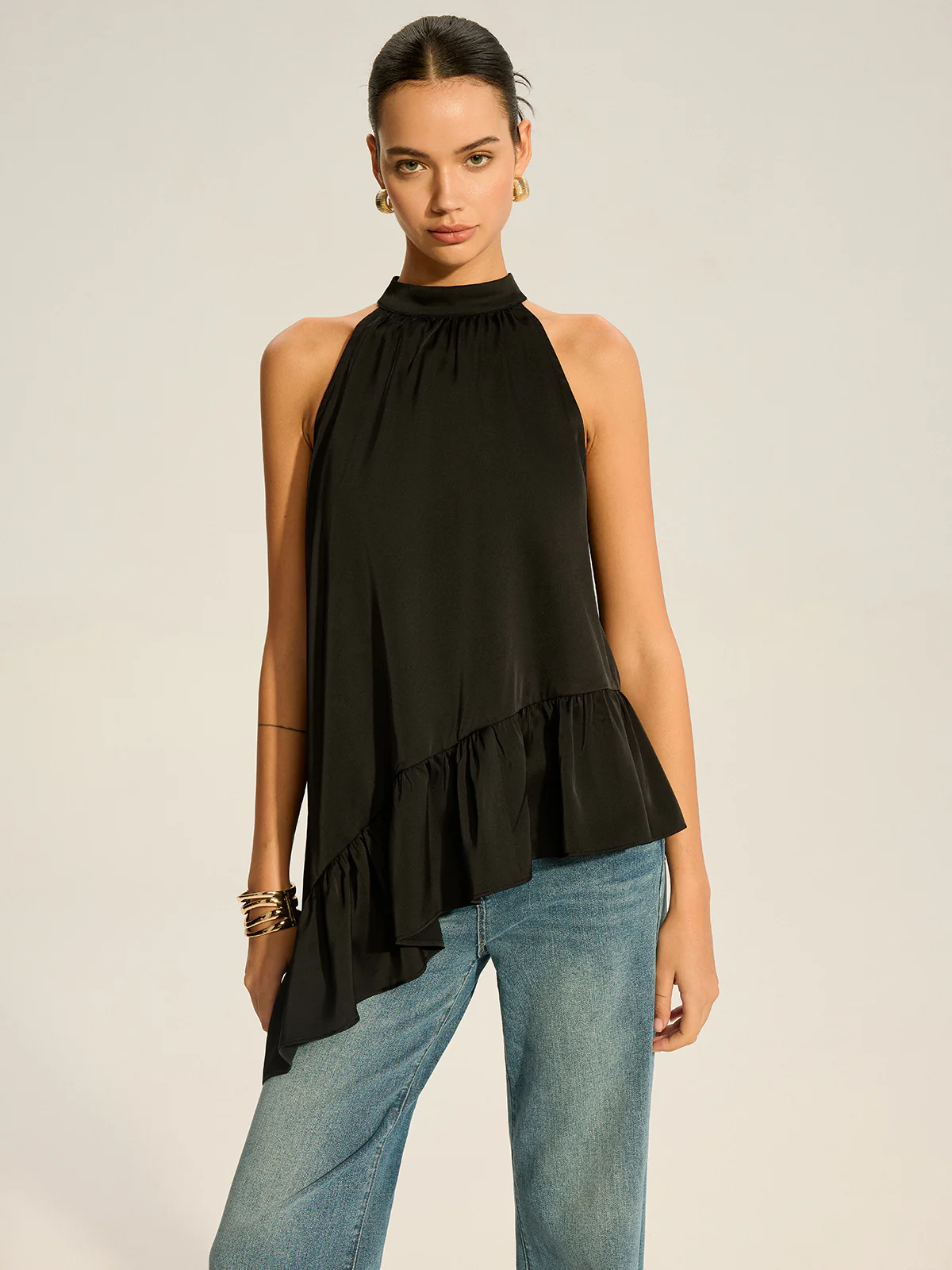 Asymmetric Ruffle Hem Halter Top - Takermore